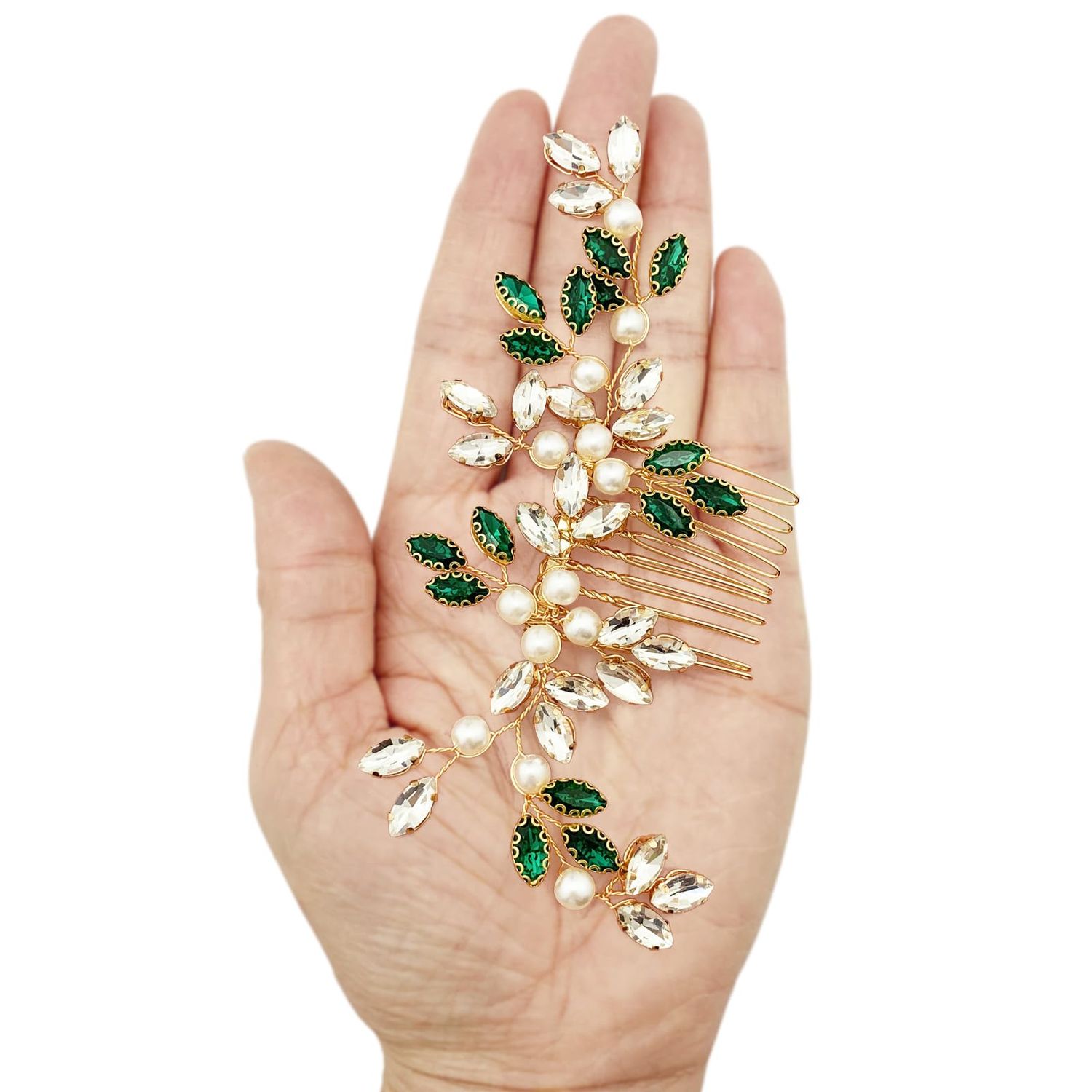 BETITETO Pearl Crystal Hair Comb Bridal Green Rhinestone Gold Vine Hair Piece Accessories for Wedding Women