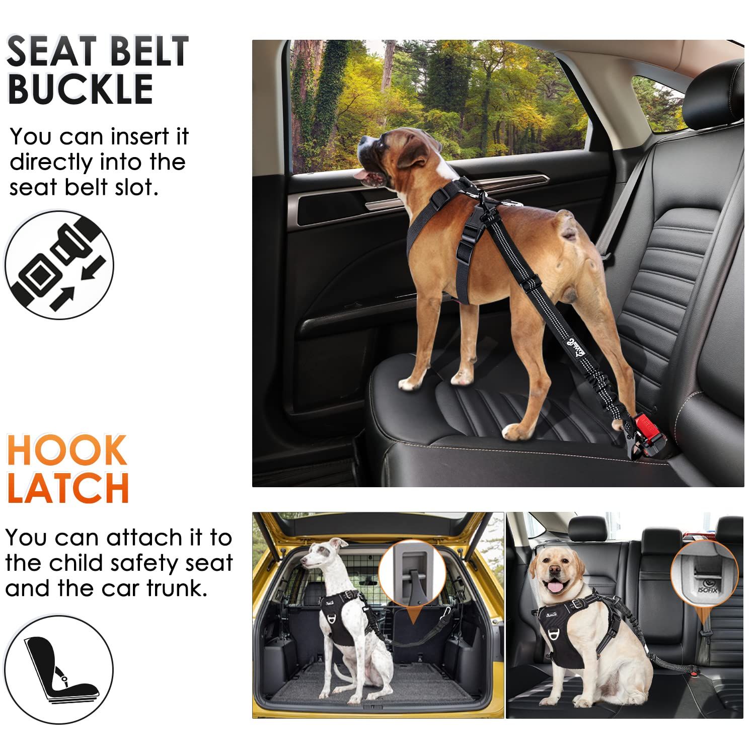 SlowTon Dog Seat Belt, Adjustable Dog Safety Belt Leash, 2 in 1 Latch Bar Attachment Dog Car Seatbelt with Elastic Nylon Bungee Buffer, Reflective Nylon Belt Tether Connect to Dog Harness(BL,35.5in)