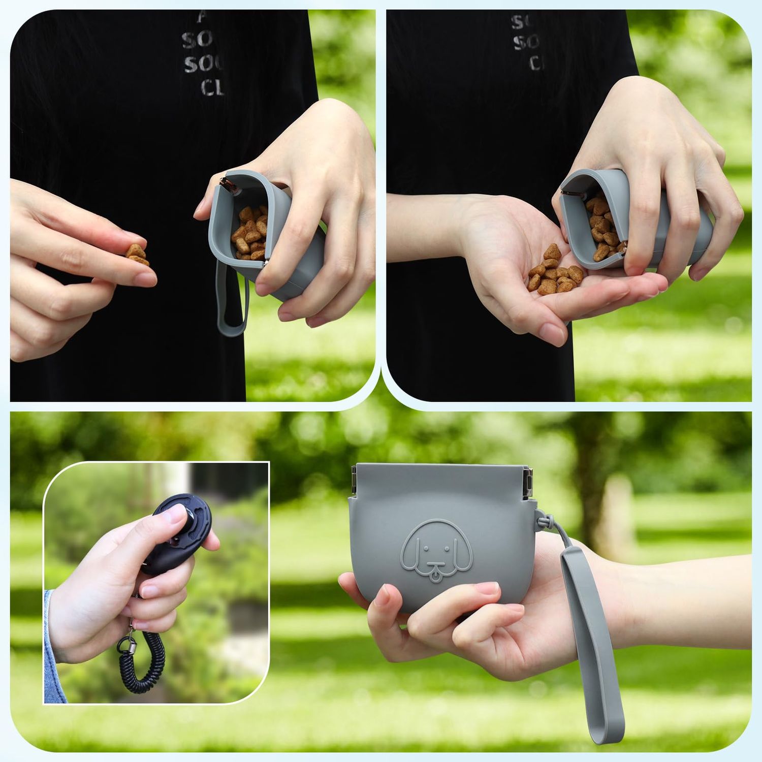 WALLFID Silicone Dog Treat Pouch Small Bag,Auto Closure,with Pet Training Clicker,Walking Bag for Dog and Cat,Pocket Size,Easy to Clean,Odorless (dark gray)