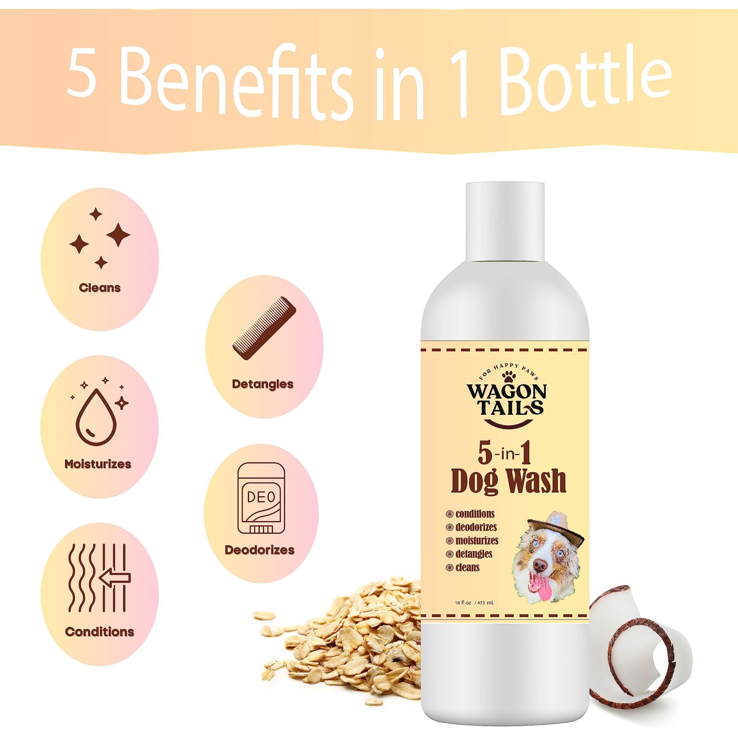 Wagon Tails 5-in-1 Dog Shampoo and Conditioner | 16 Oz | All Natural, Eco-Friendly Dog Itch Relief Formula | Moisturize/Replenish with Coconut and Palm | Paraben/Sulfate Free with Aloe and Oatmeal