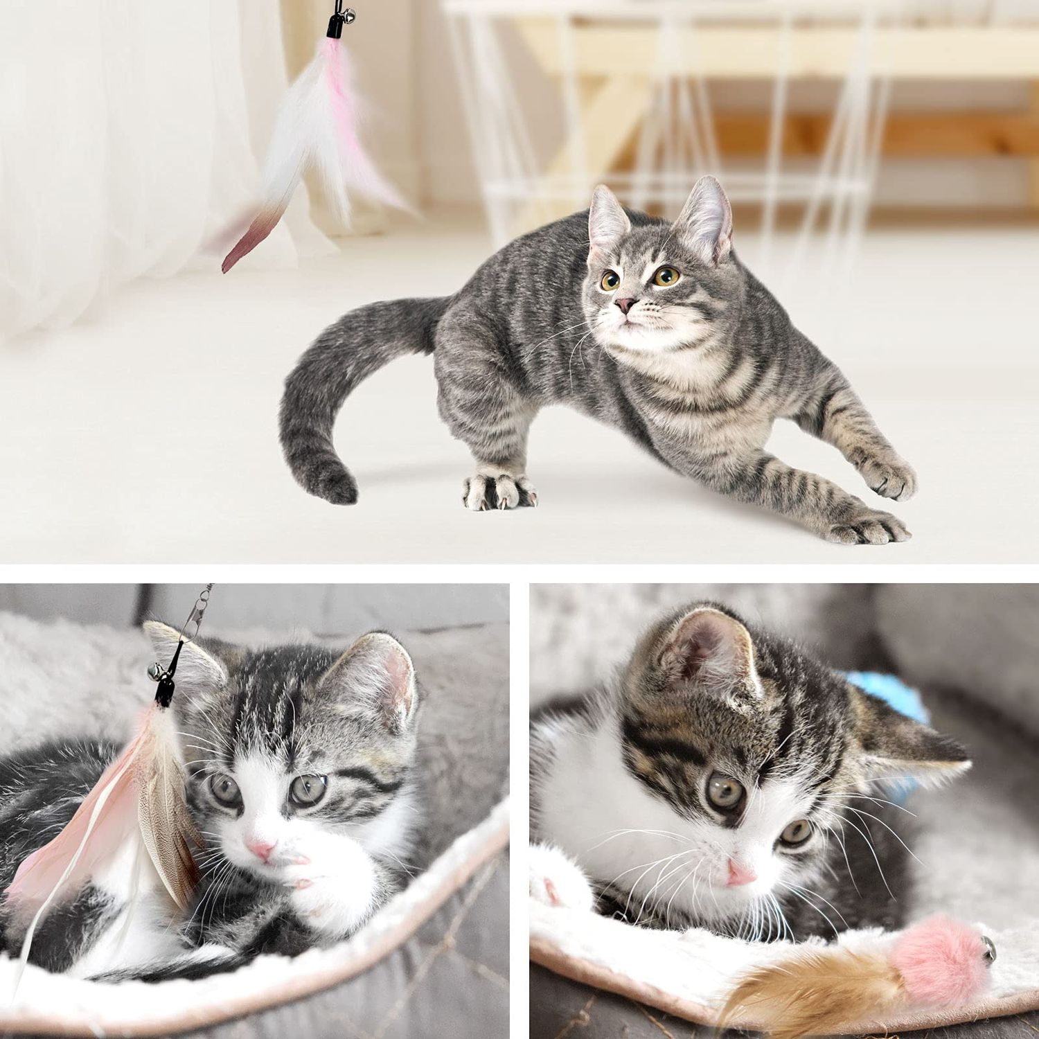 SONGWAY Interactive Feather Toys - 7 Pcs Cat Toy Set, Retractable Wand, Teaser Refills With Worm Bird Feathers and Bell for Indoor Cats Kitten Play Chase Exercise, Light Pink