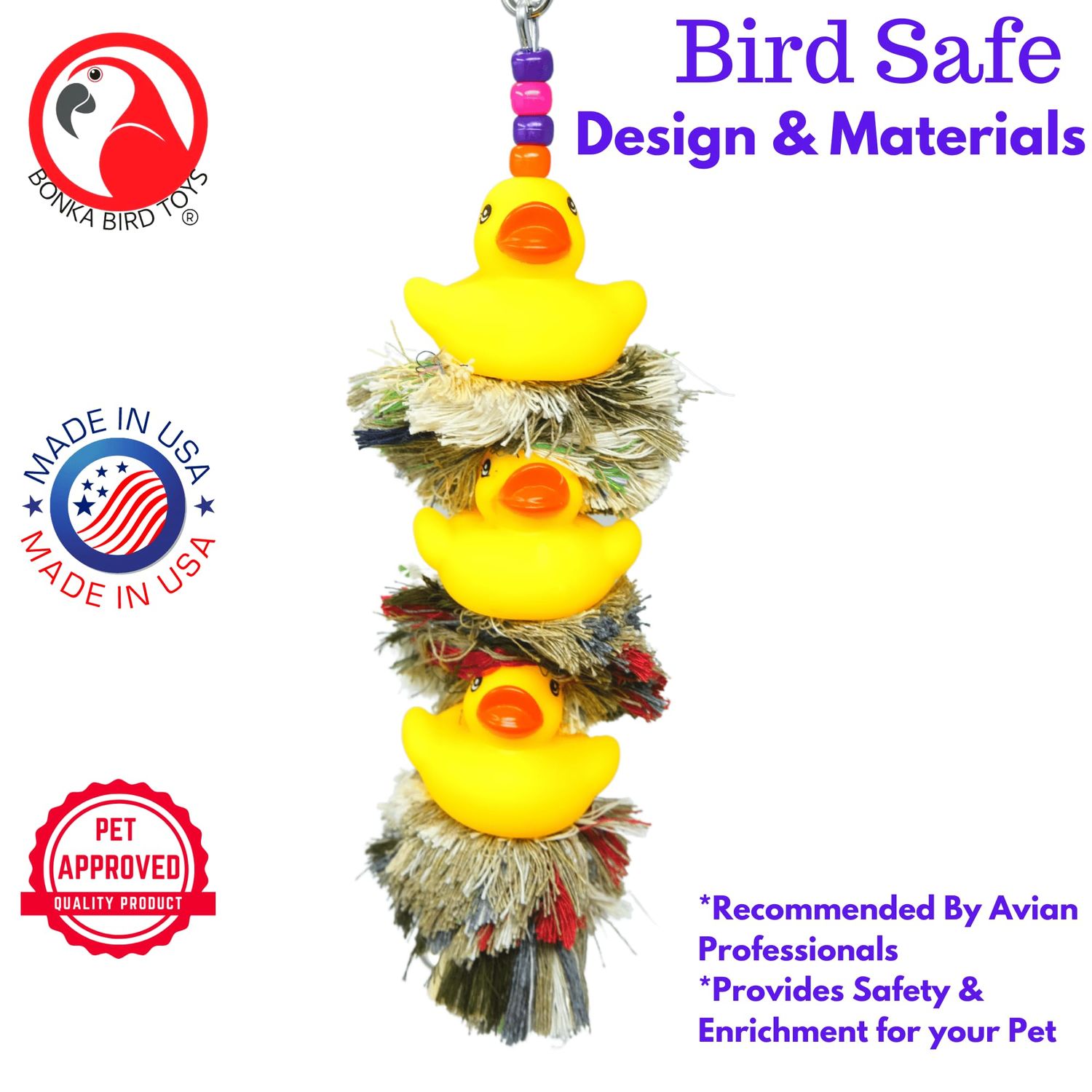 Bonka Bird Toys USA-Made 1124 Triple Ducky Plucker Medium Parrot Preening Cgae Toy, Conure, Quaker, Ringneck, and Similar