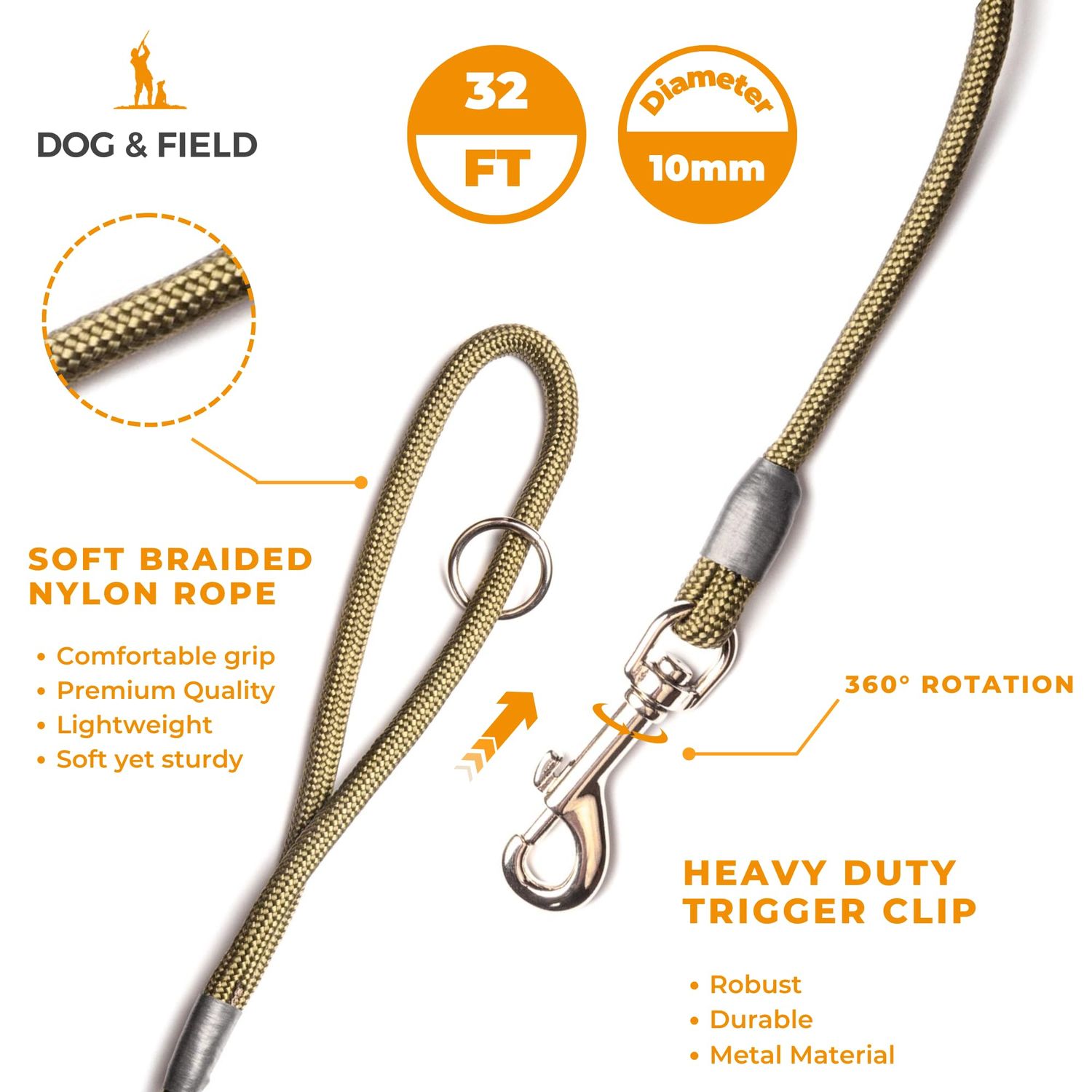Dog & Field 2-in-1 Long Dog Leash for Dog Training - 32ft. Long Line Dog Leash, Soft Braided Nylon Rope with Trigger Clip. Extra Long Leash for Dogs, for Running, Camping, Yard & Hiking, 32ft