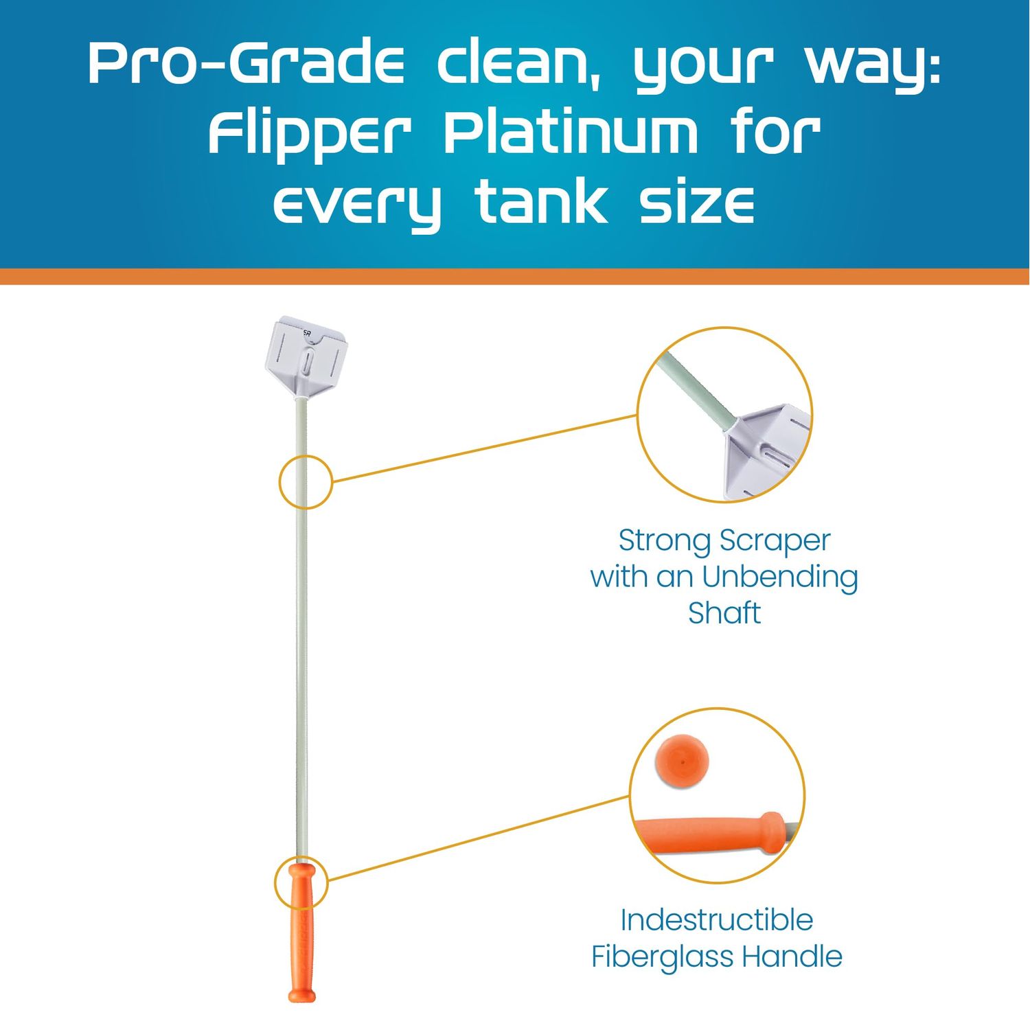 FL!PPER Flipper Platinum Aquarium Algae Scraper - Aquarium Glass Cleaner Tool with Serrated Blade - Algae Scraper for Glass Aquariums - Fish Tank Scraper for Glass and Acrylic Tanks - 28” Rigid Shaft