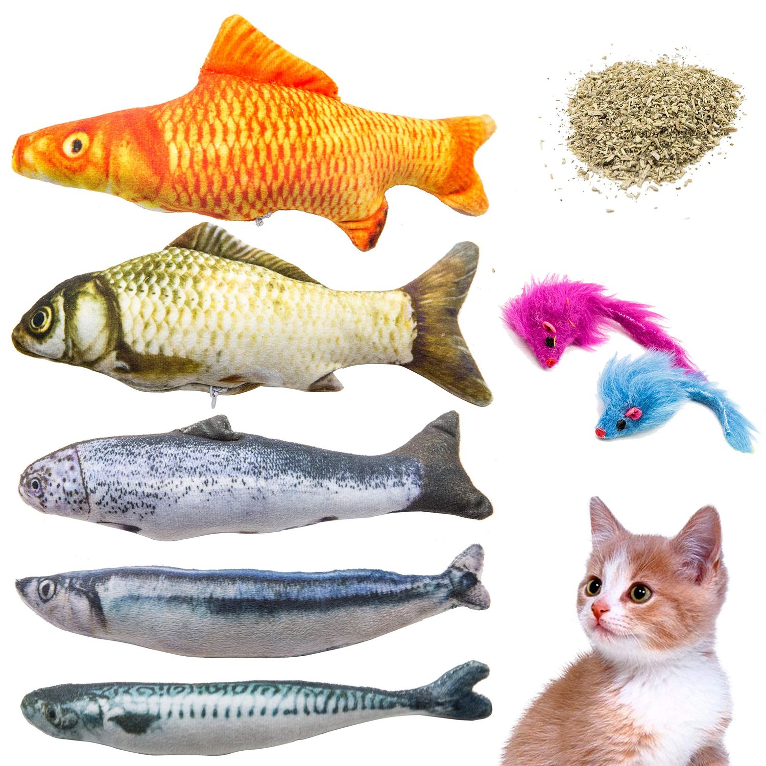 Youngever 7 Cat Toys Assortment with 5 Refillable Catnip Fish Cat Toys and 2 Catnip Fur Mouse Cat toys, Extra Catnip for Refill, for Cat, Puppy, Kitty, Kitten, Ferret, Rabbit
