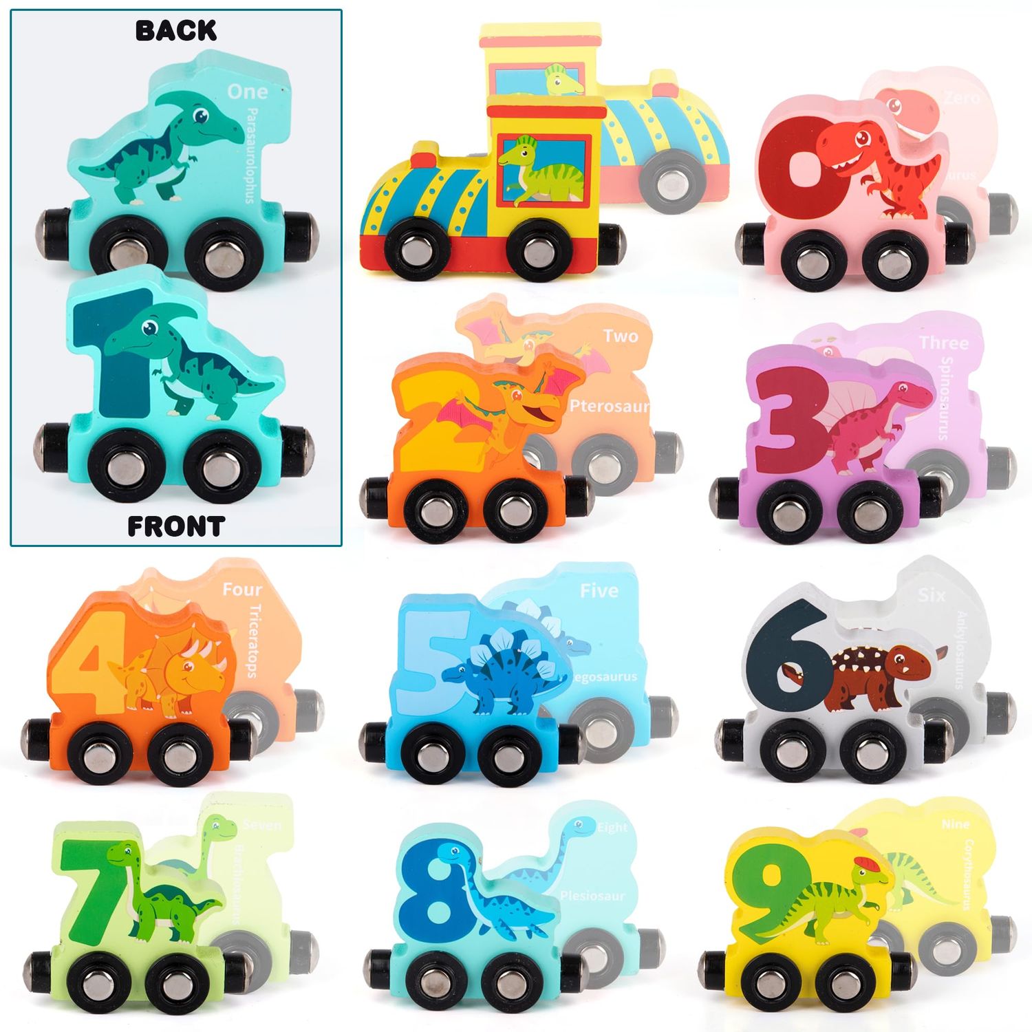 ArtCreativity Wooden Dinosaur Train Counting Set - 10 Pieces - Magnetic Dinosaur Train Set with Fun Counting Puzzle - Dino Train with Magnets, Painted Dinosaurs, Numbers, and Puzzle - Educational Toys