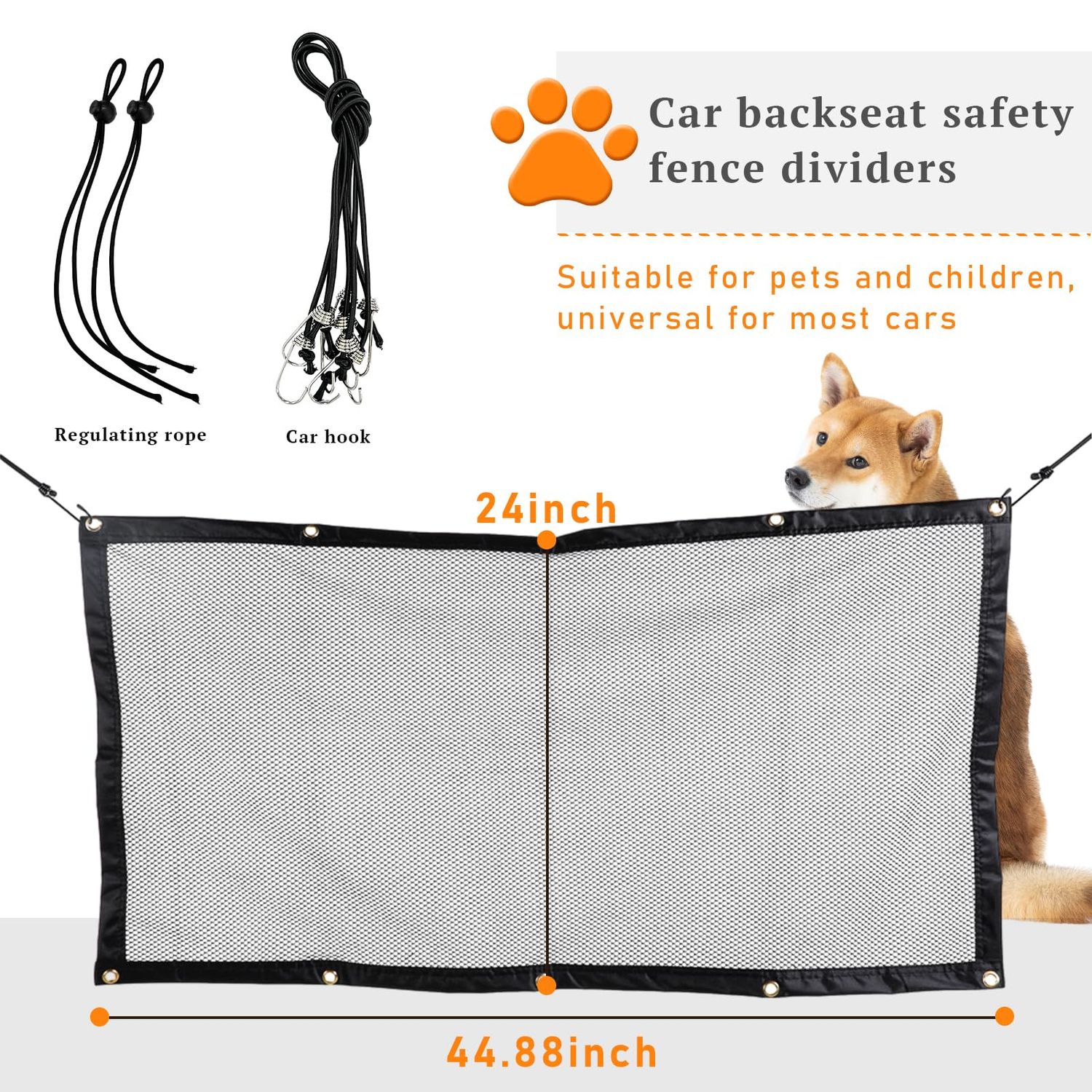 Dickno Car Mesh Organizer, 44.9''×24'' Stretchable Vehicle Pet Barrier Backseat Mesh with Adjustable Ropes and Hooks, Universal Auto Back Seat Safety Fence Divider for Pet Children