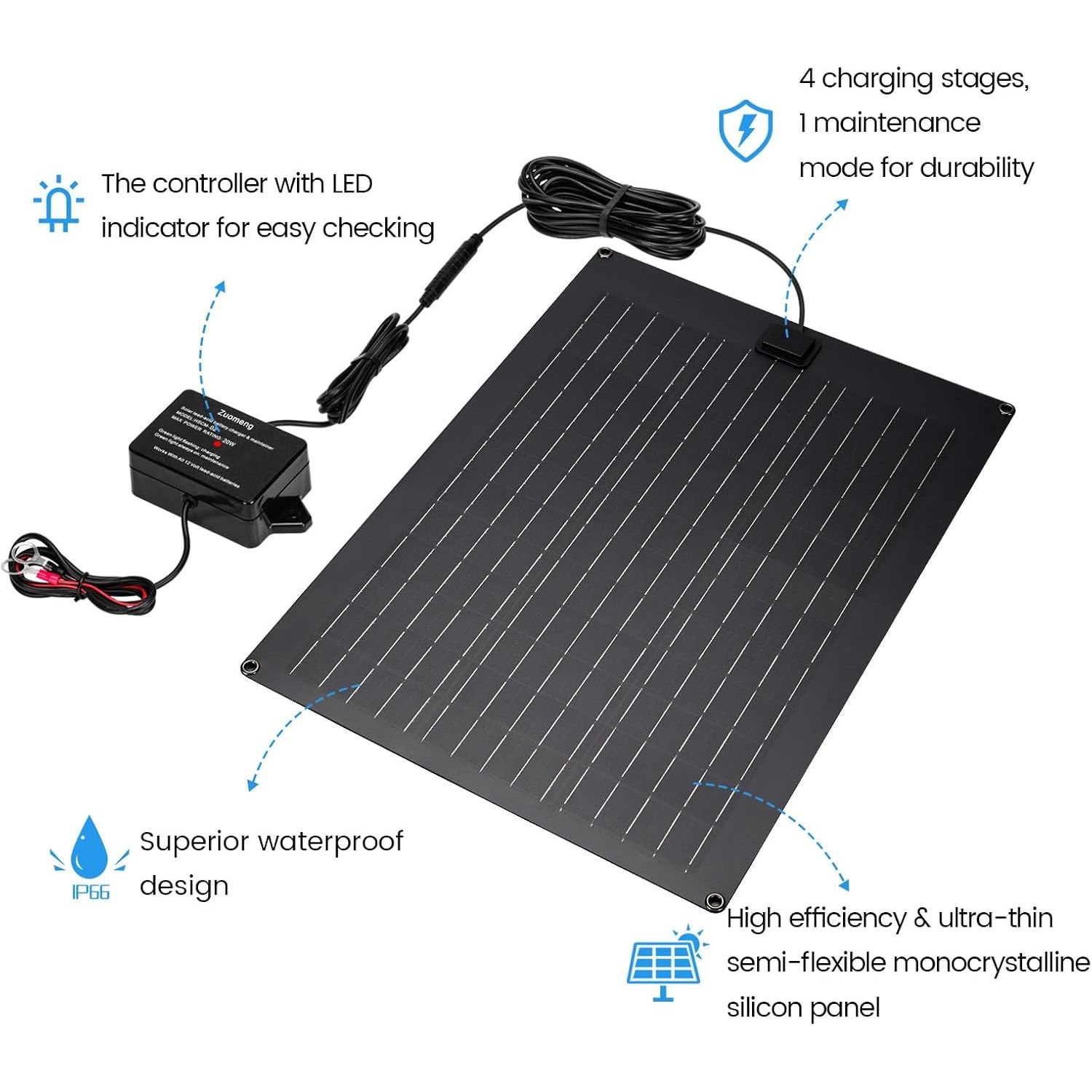 Solar Battery Charger Maintainer,  20W Solar Panel Kit for Dump Trailer Built-In
