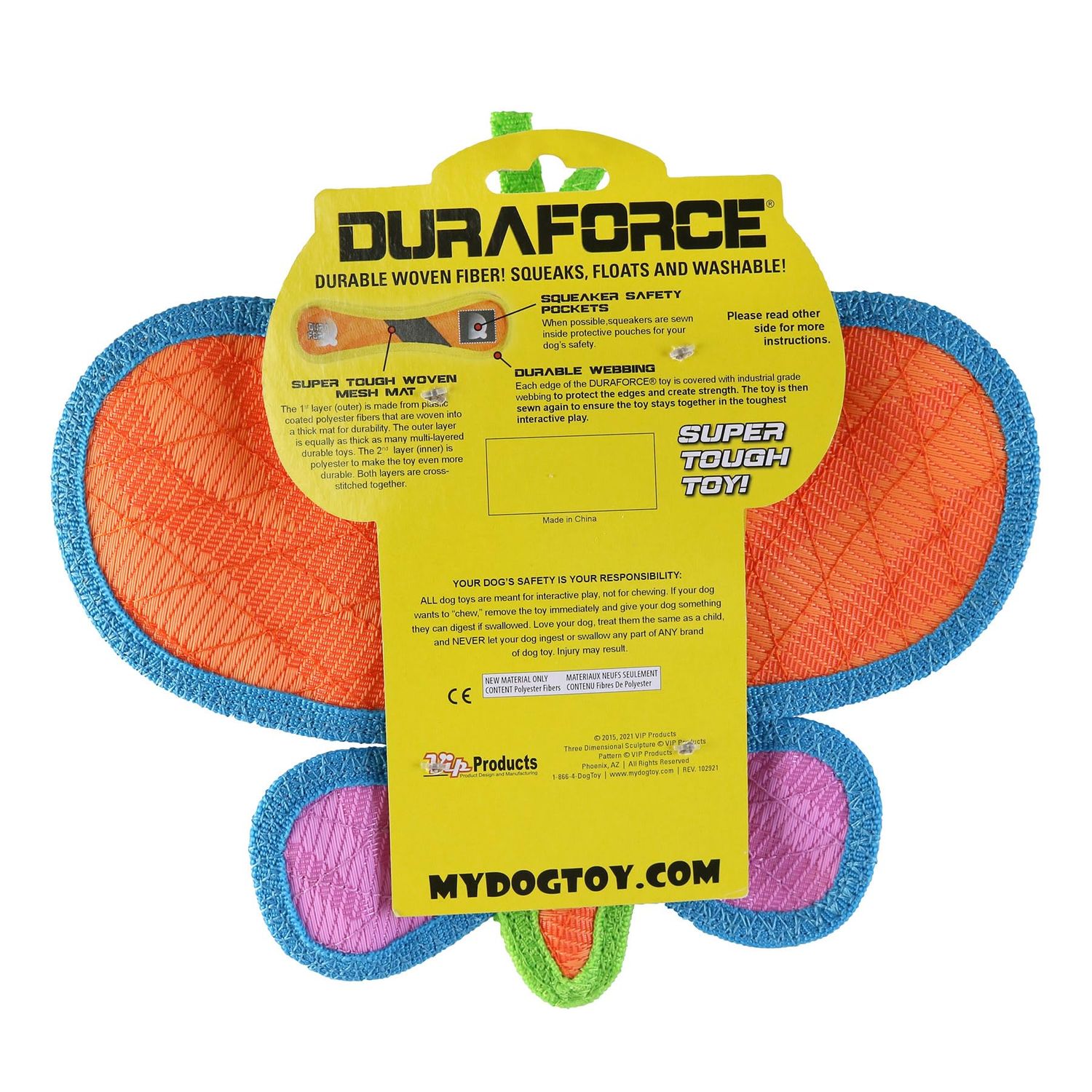 DURA FORCE Durable Woven Fiber - Butterfly - Squeakers - Multiple Layers. Made Durable, Strong & Tough. Interactive Play Dog Toy (Tug, Toss & Fetch). Machine Washable & Floats (Orange Butterfly)