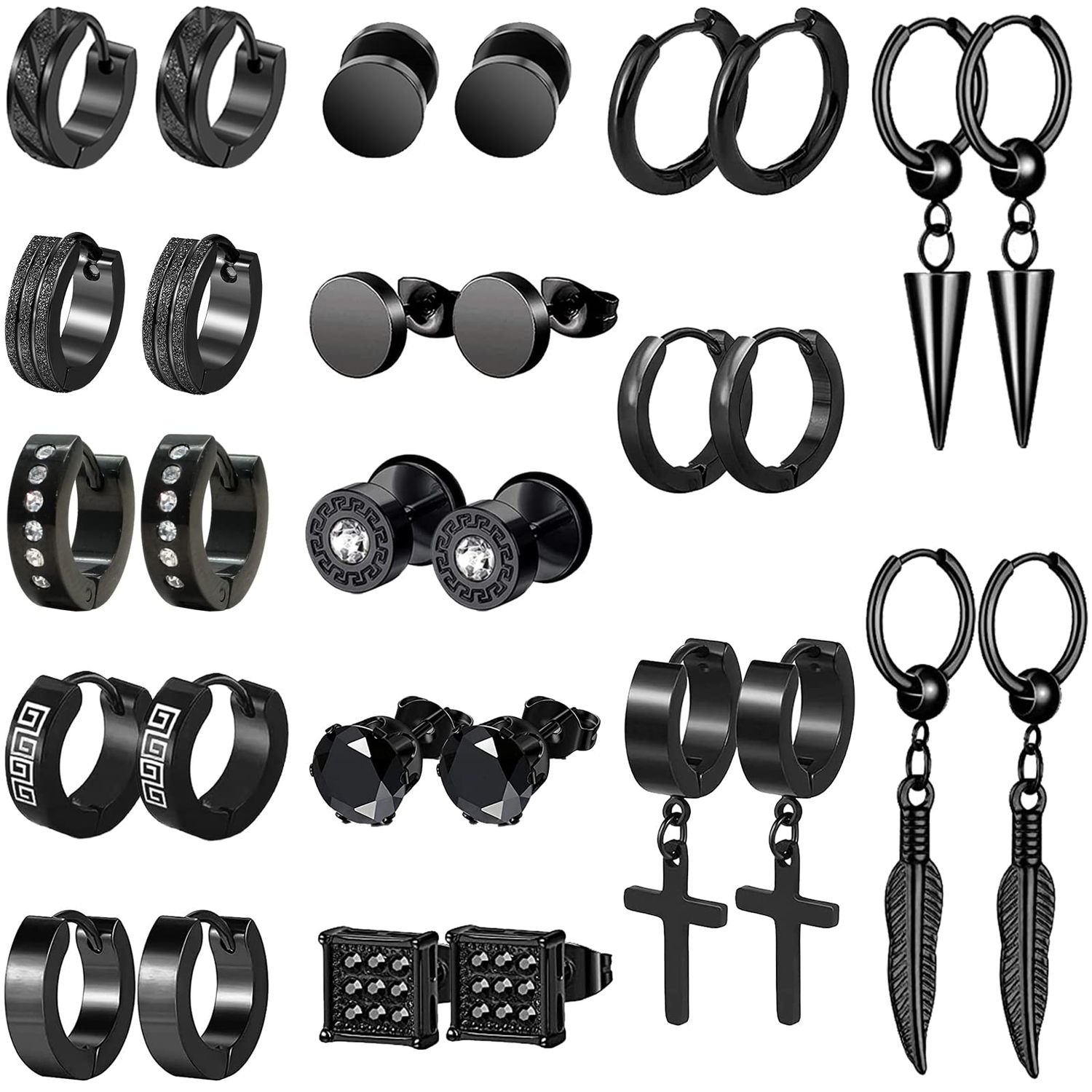 KWUNCCI Earrings for Men, 15 Pairs Men Earrings Hoop, Surgical Stainless Steel Earrings, Black Earrings for Men, Cross Dangle Hoop Earrings Set Fashion Piercing Jewelry