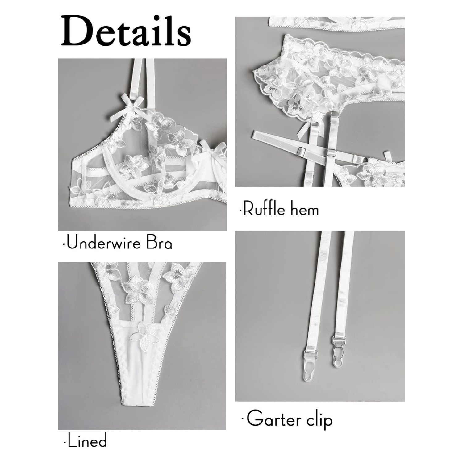 Kaei&Shi Garter Lingerie for Women,Floral Embroidered Underwire Sexy Lingerie Set,Ruffle Matching Thong 3 Piece Sheer Lace Lingerie Petite Bridal Wedding Honeymoon Bride White Small