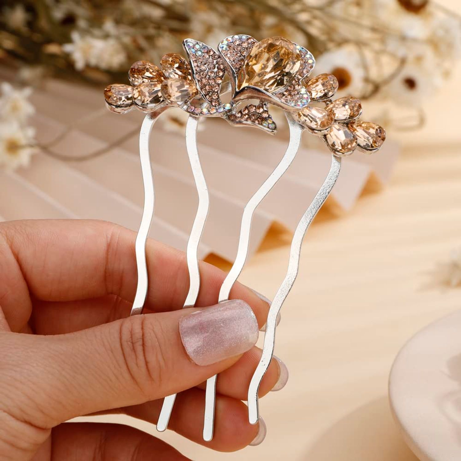 Aimimier Dainty Crystal Flower Hair Comb Sparkly Rhinestone Inlaid Hair Side Combs Long Teeth Hair Accessories for Women and Girls(Champagne)