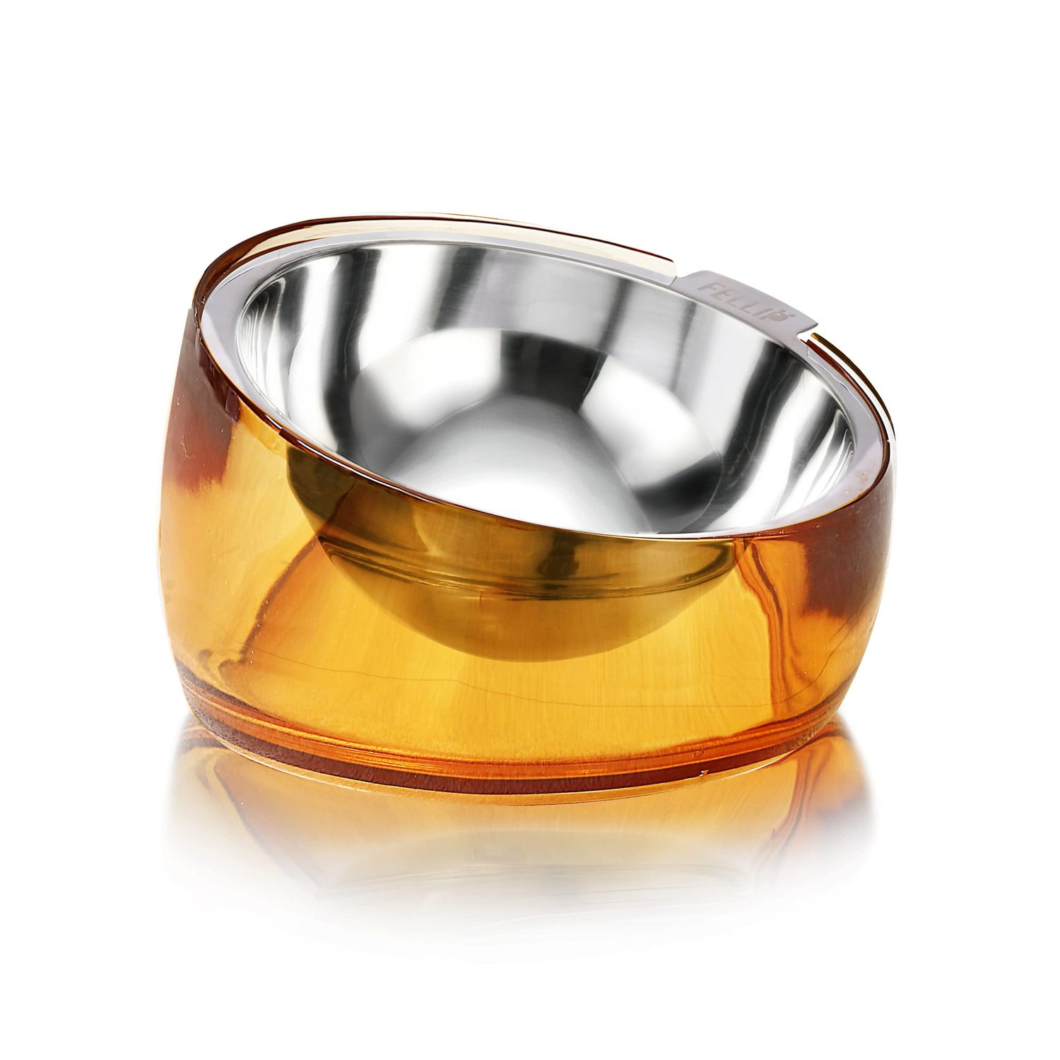 Felli Pet Oblik Acrylic Raised Dog Food Water Bowl Stainless Steel Slanted Oval Dish for Short Leg Puppy & Small Medium Pet, Elevated Tilted Metal Feeder Angled Plastic Spill Proof (1.5Cups, Gold)
