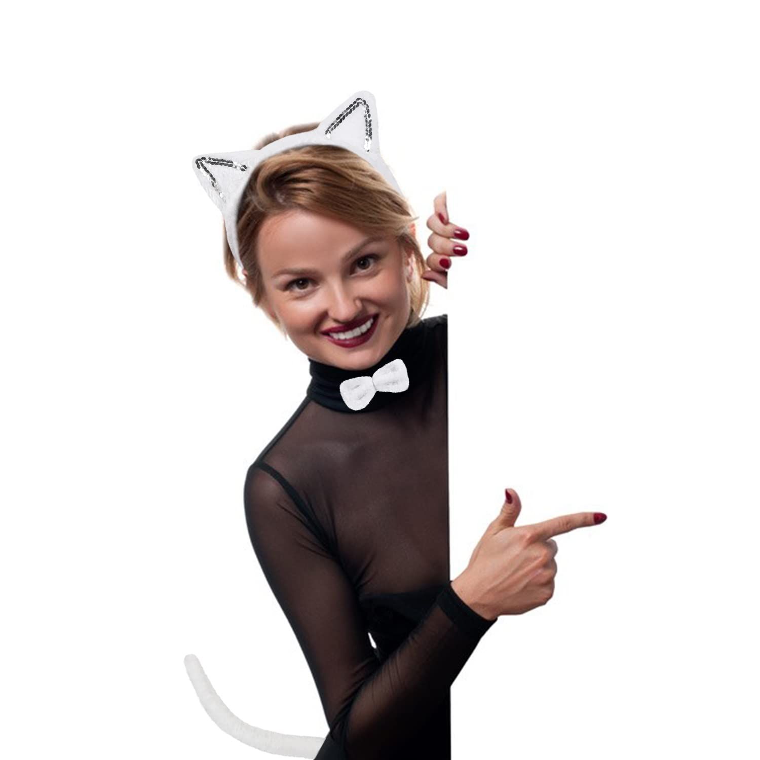 3 Pieces White Cat Costume Set Cat Glitter Ears Headband Tail and Bow Tie Animal Fancy Dress Cat Costume Kit Party Accessories for Halloween,Birthday,Christmas,Cosplay Dress Up Party Decorations