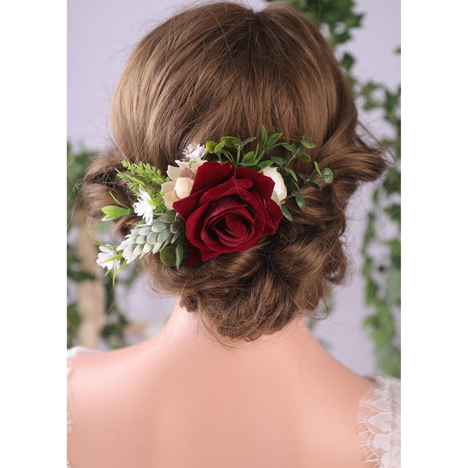 Anglacesmade Bridal Flower Hair Comb Burgundy Dark Red Rose Cream Daisy Eucalyptus Greenery Headpiece for Rustic Wedding Photo Shoot Prom Party Festival