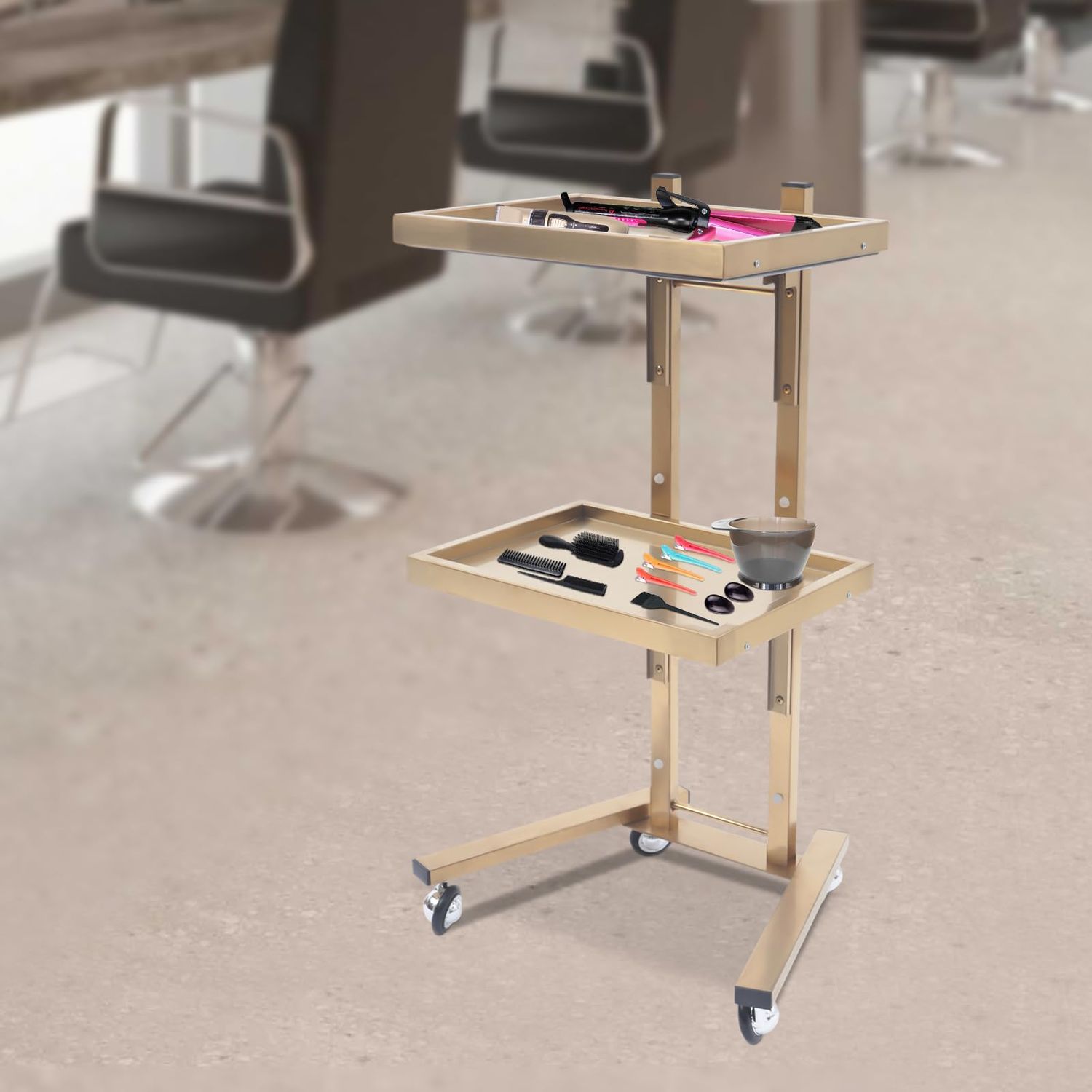2-Tier Metal Salon Rolling Cart with Wheels, Foldable Stainless Steel Rolling Storage Cart Trolley Tray Utility Esthetician Cart for Beauty Spa Home Kitchen