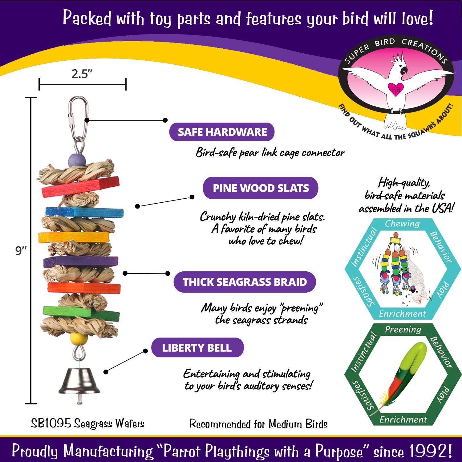 Super Bird Creations SB51095 - Seagrass Wafers Bird Toy for Medium Sized Birds, Ideal for Parrots, Conures, Cockatiels, Lovebirds, Budgies - Natural Chew Toy, Bird Cage Accessories - 9" x 2.5" x 1.5"