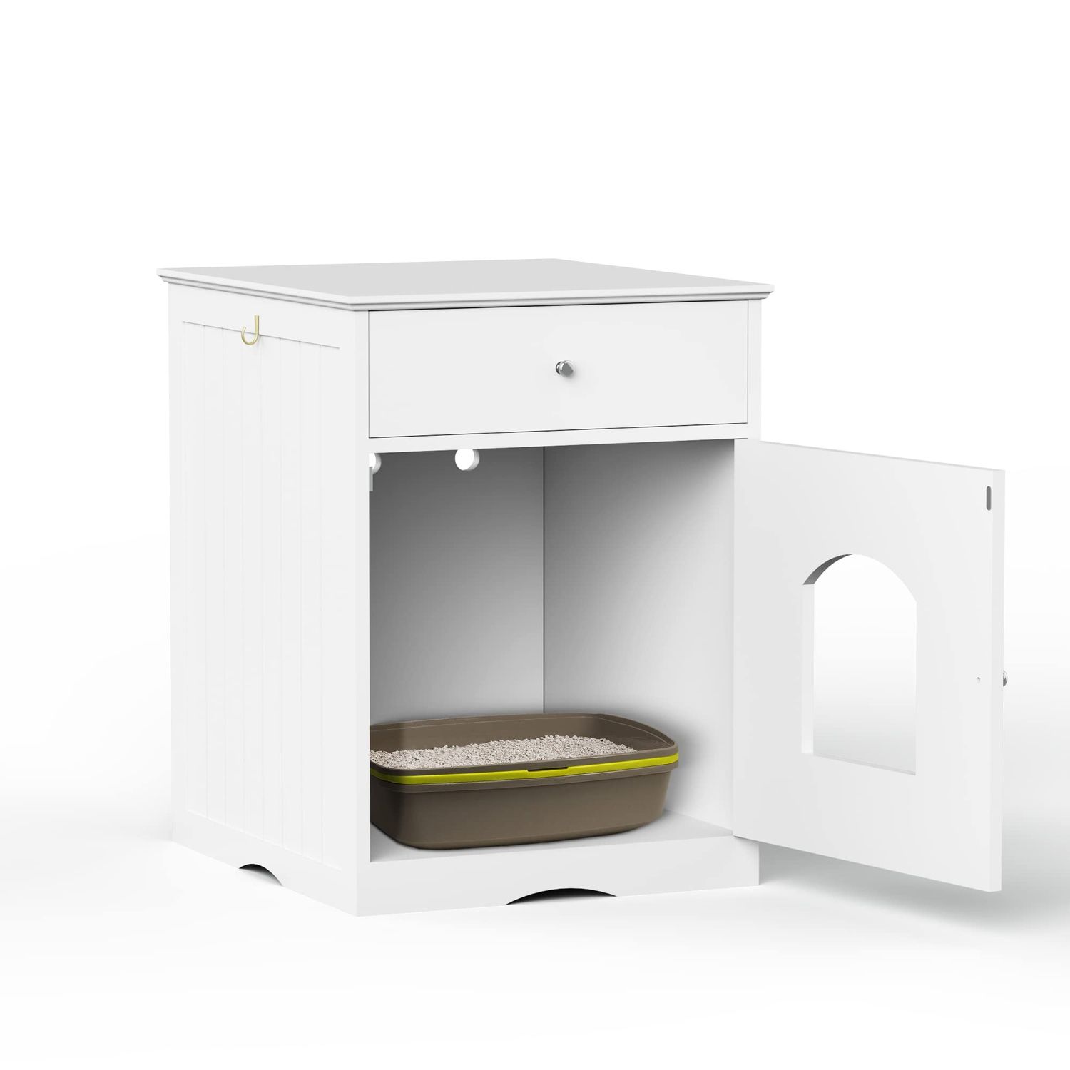 Donext Wood Cat House & Side Table with Drawer, Cat Home Covered Nightstand, Indoor Pet Crate, Litter Box Enclosure, Hooded Hidden Pet Box, Cats Furniture Cabinet, Kitty Washroom, White