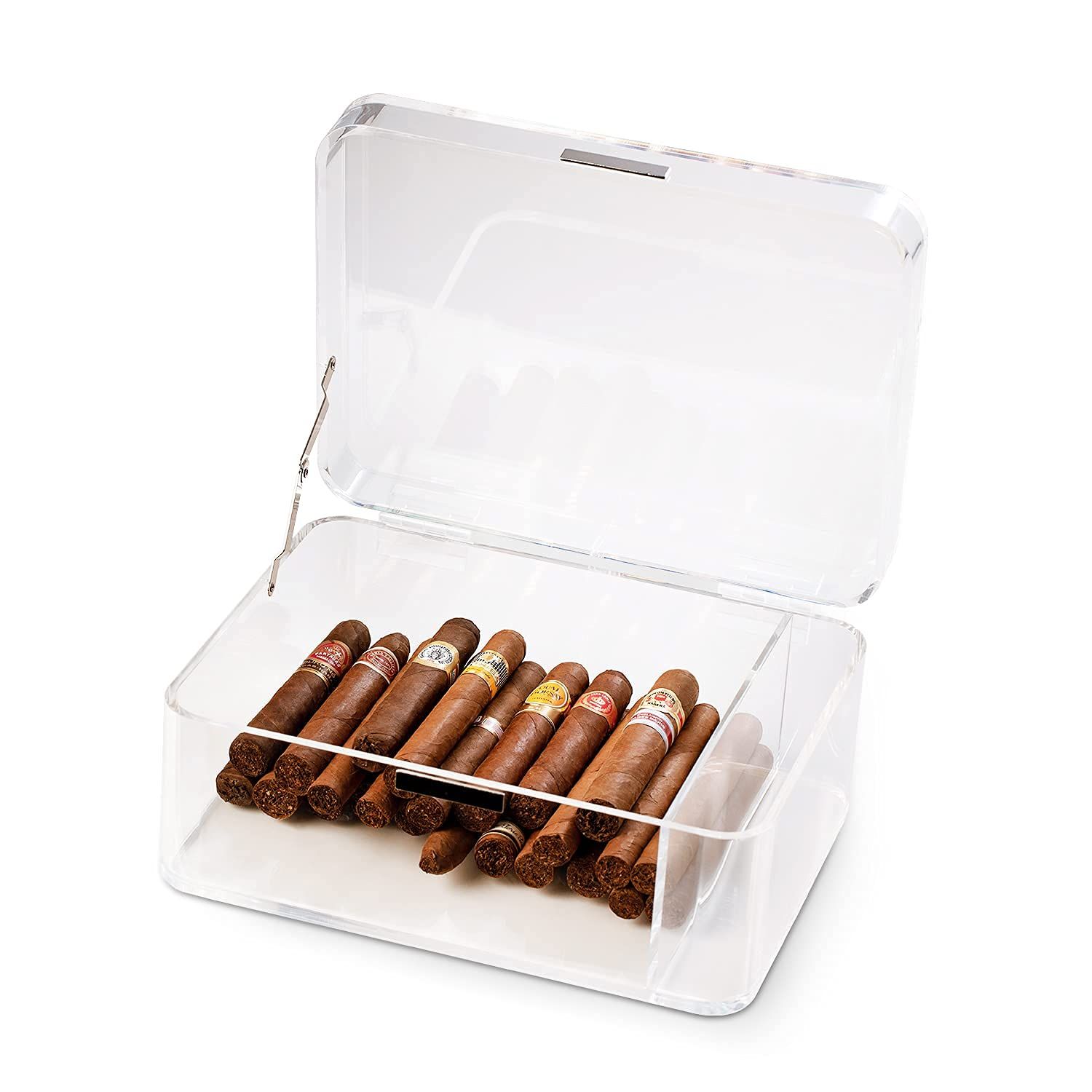 Acrylic Cigar Humidor Cigar Storage Box, Air Tight Cigar Container, Humidifier, Compartment for Humidity Pack Stores 50-75 Cigars (White)