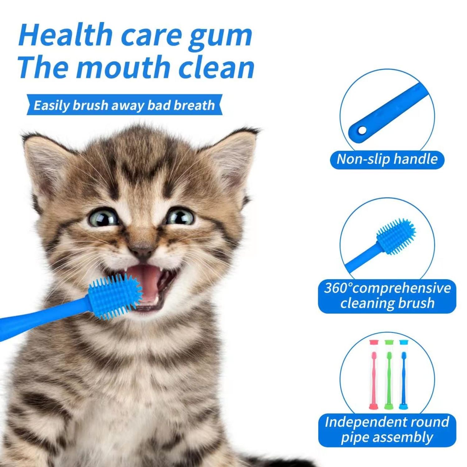 CUECOMER 3 Pack Cat Toothbrush with 360-degree Head,Full Surround Bristles Silicone Safe, Effective and Deep Pet Teeth Cleaning,Brush Away Bad Breath Toothbrush cat Teeth Cleaning Health Care