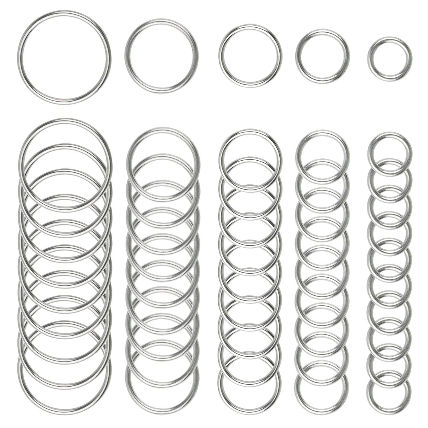 Hamineler 50 Pcs Stainless Steel Smoothing Welded O-Ring, 15/20/25/30/40mm Inside Diameter Metal Round Rings for Camping Belt, Dog Leashes, Hardware (Thickness 3mm, 10 of Each)