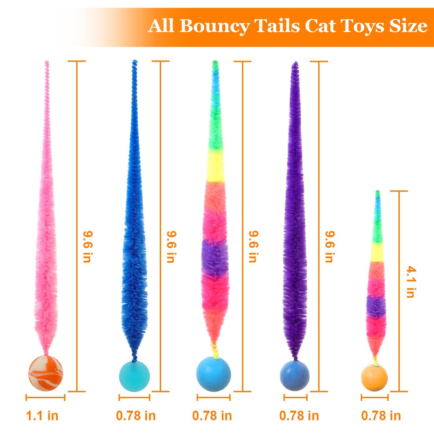 SHENGSEN Mixed Bouncy Ball with Tail Cat Toys-5 Packs,Rainbow Magic Worm with Ball Toy for Cats,Colorful Fuzzy Worm Bouncy Balls Cat Toy