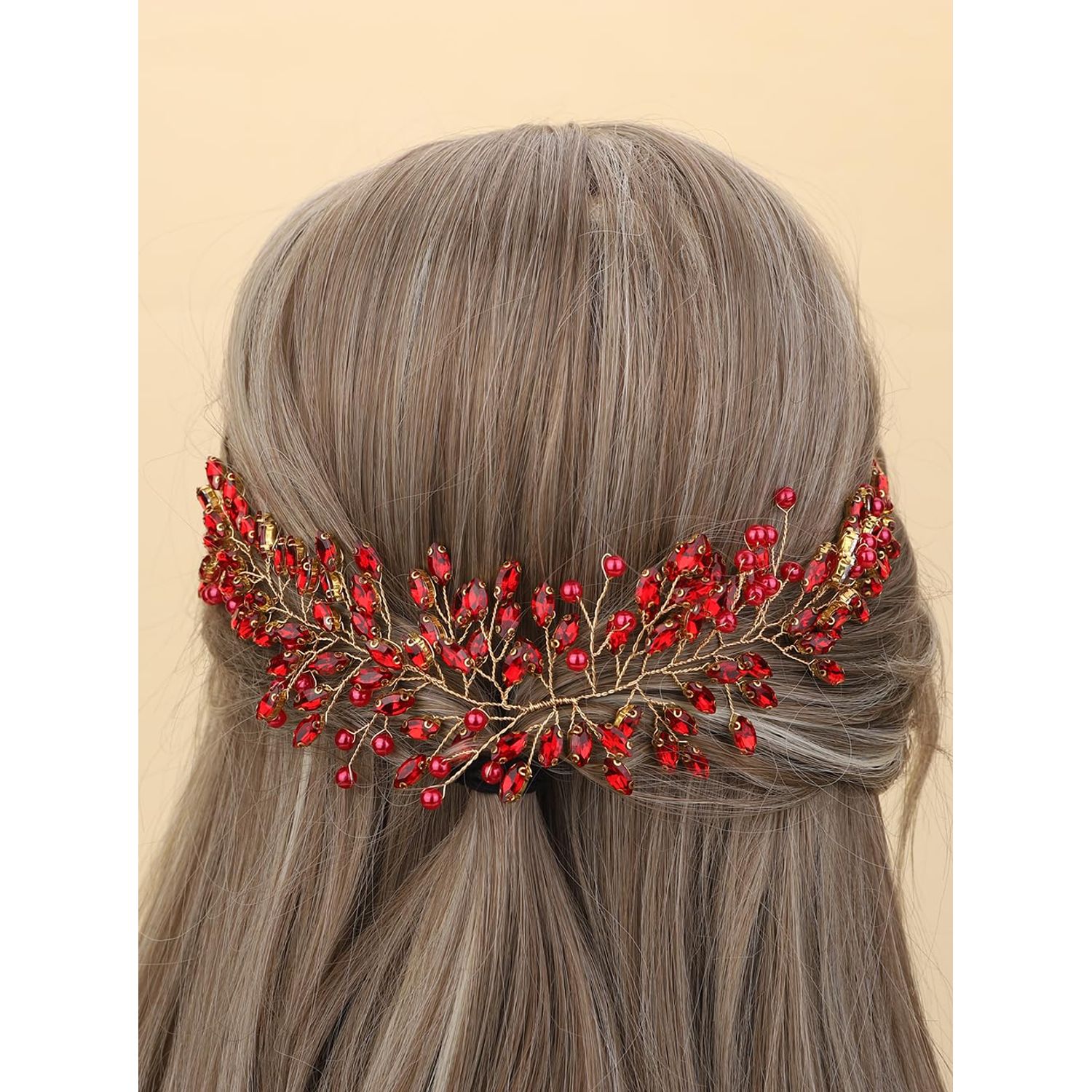 JWICOS Crystal Bridal Headpiece Wedding Headband for Brides Pearl Hair Vine Rhinestone Hair Accessories for Women (Red)