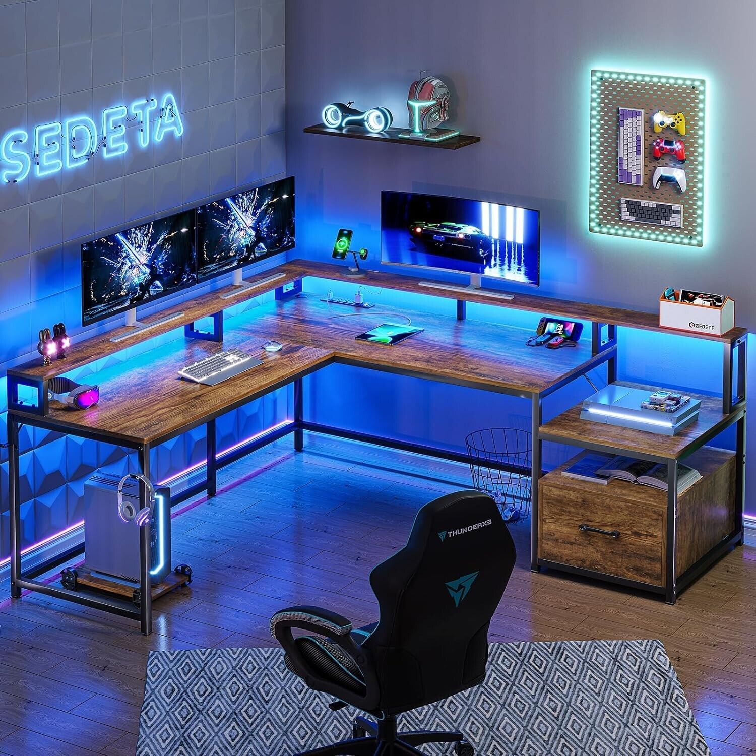 L Shaped Computer Desk with Led Light, 66" Home Office Desk with Power Outlet