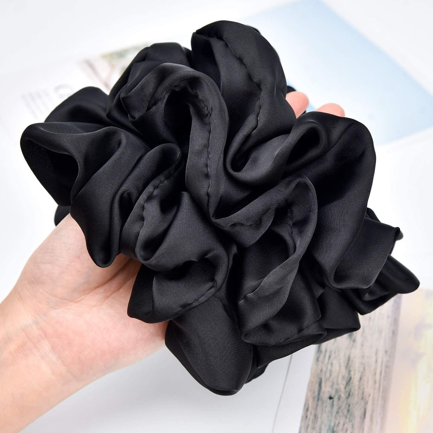 CEELGON Black Big Real Silk Scrunchies for Women 6.3Inches Large Scrunchie Satin Oversized Silk Thick Elastic Hair Ties Jumbo Hair Scrunchies 6 Pack (Black)
