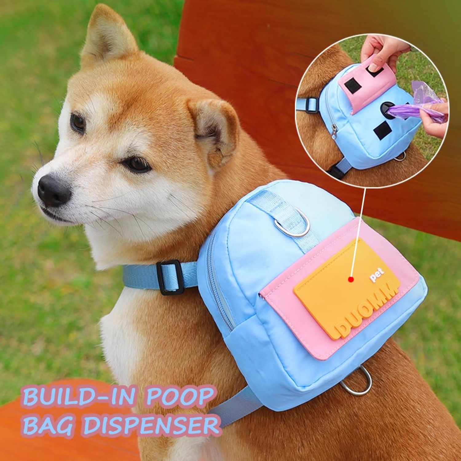 DoggieKit Dog Backpack Harness with Leash,Cute Pet Puppy Backpacks Bulid-in Dog Poop Bag Dispenser,Adjustable Pets Self Carrier Bag for Small Medium Dogs Travel Hiking Daily Walking (M, Blue)