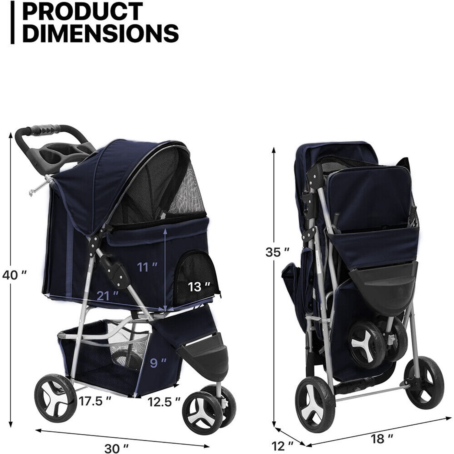 Foldable Pet Stroller fr Cats &Dogs 3 Wheels Carrier Cart w/Cup Holder Navy Blue