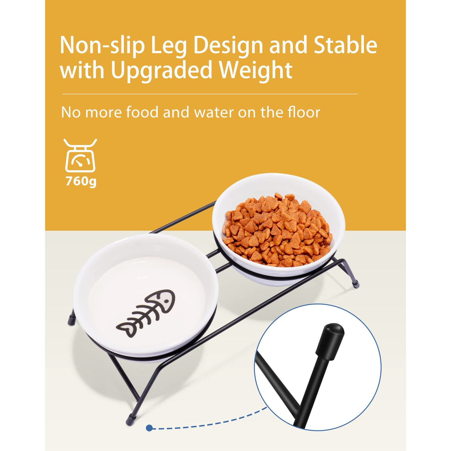Cat Bowls, Upgraded 13 oz Ceramic Elevated Cat Food Bowls for Food and Water, Raised 2 Cat Dishes with Stainless Steel Stand Non-Slip and Anti-Rust, for Indoor Cats and Small Dog Bowl, Dishwasher Safe