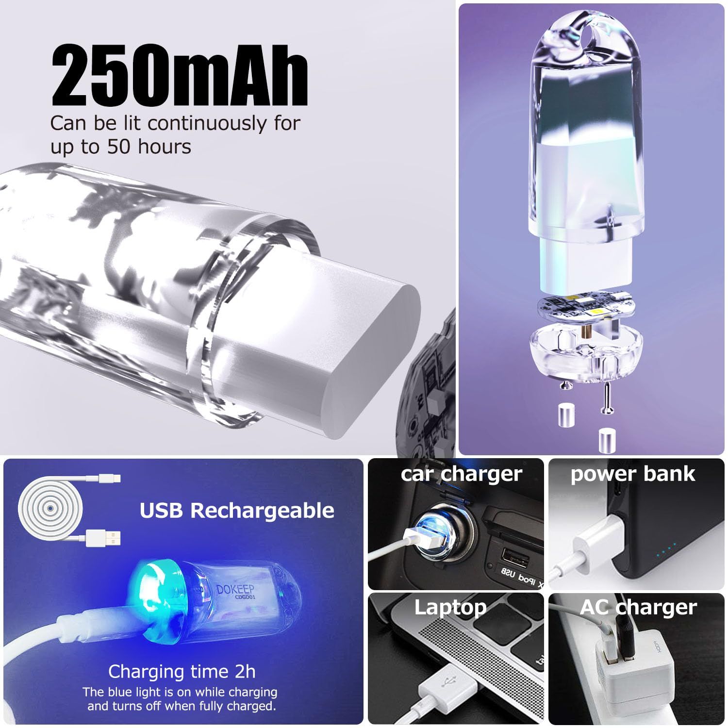 DOKeep USB Mini LED Lanterns, 2 Pack Waterproof EDC Keychain LED Flashlight for Camping Rechargeable Battery Stick Light Maglite Hockey Dog Collar Flashlight for Nighttime Shift (2Pack White)