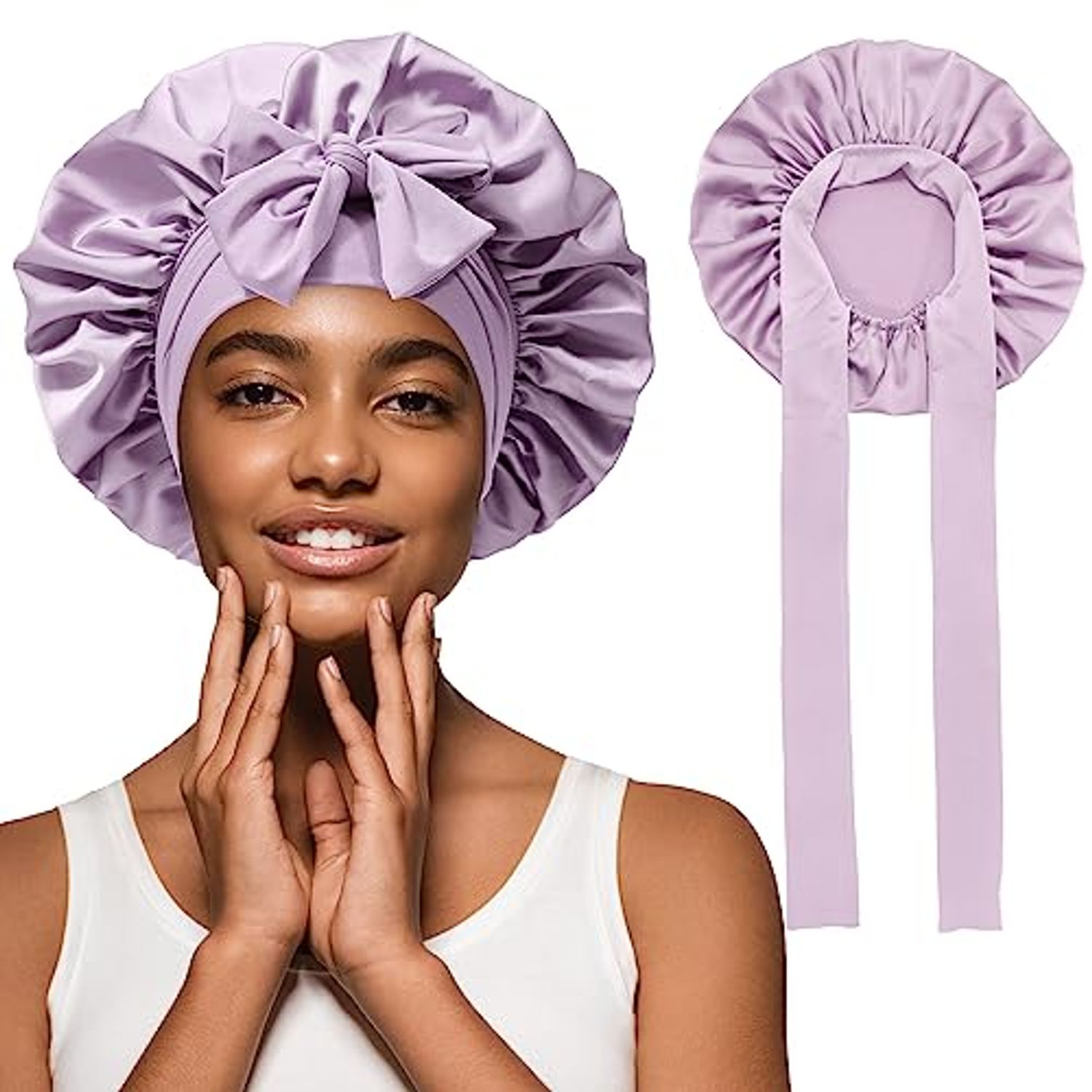 Satin Hair Bonnet Wide Band - Silk Like Sleeping Bonnets for Curly Hair Hair Wrap for Night Cap with Tie Band Breathable Satin Bonnet for Women and Girls(Purple)