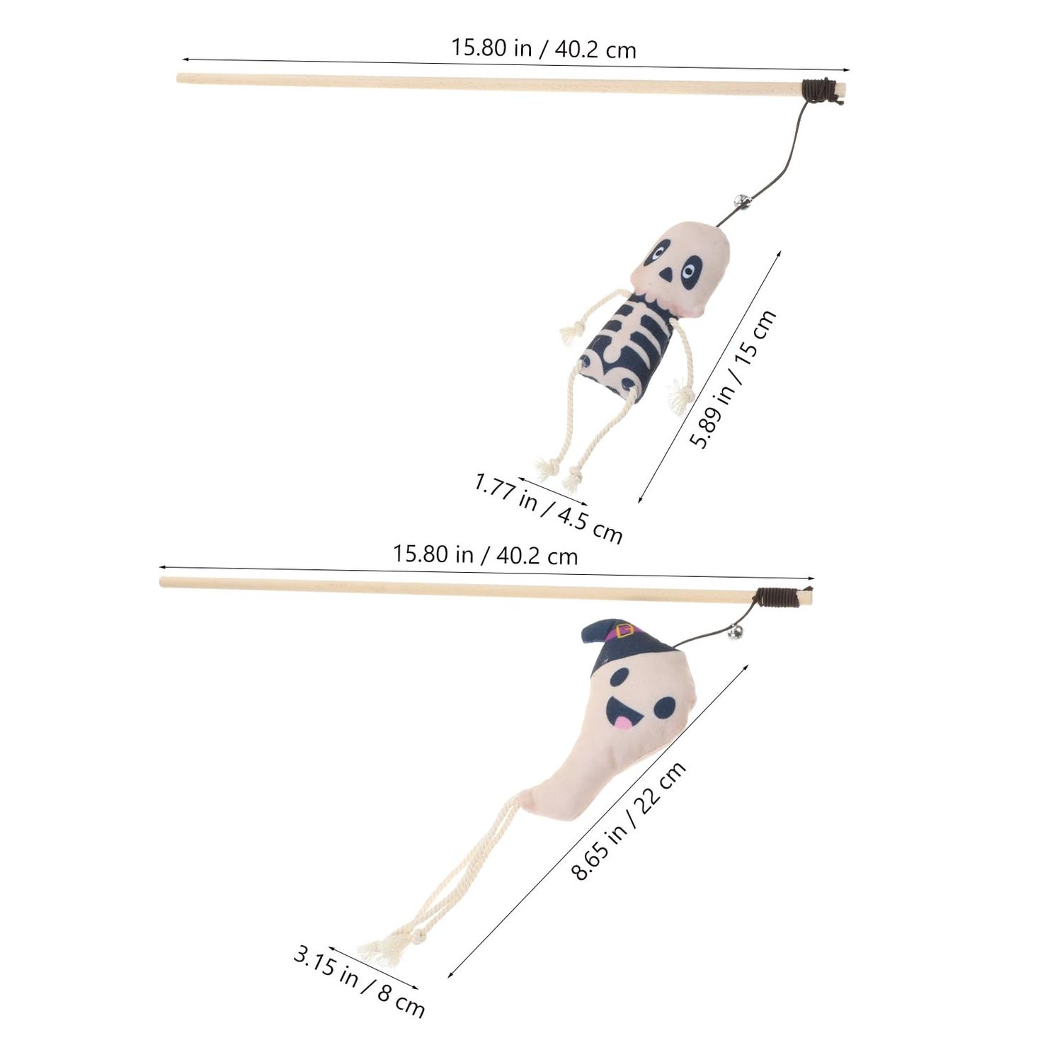 LUOZZY 2PCS Cat Tease Sticks Halloween Kitten Teasing Toys with Skull and Ghost Plush Cat Teaser Wands Interactive Cat Biting Plaything for Indoor Cat Kitten