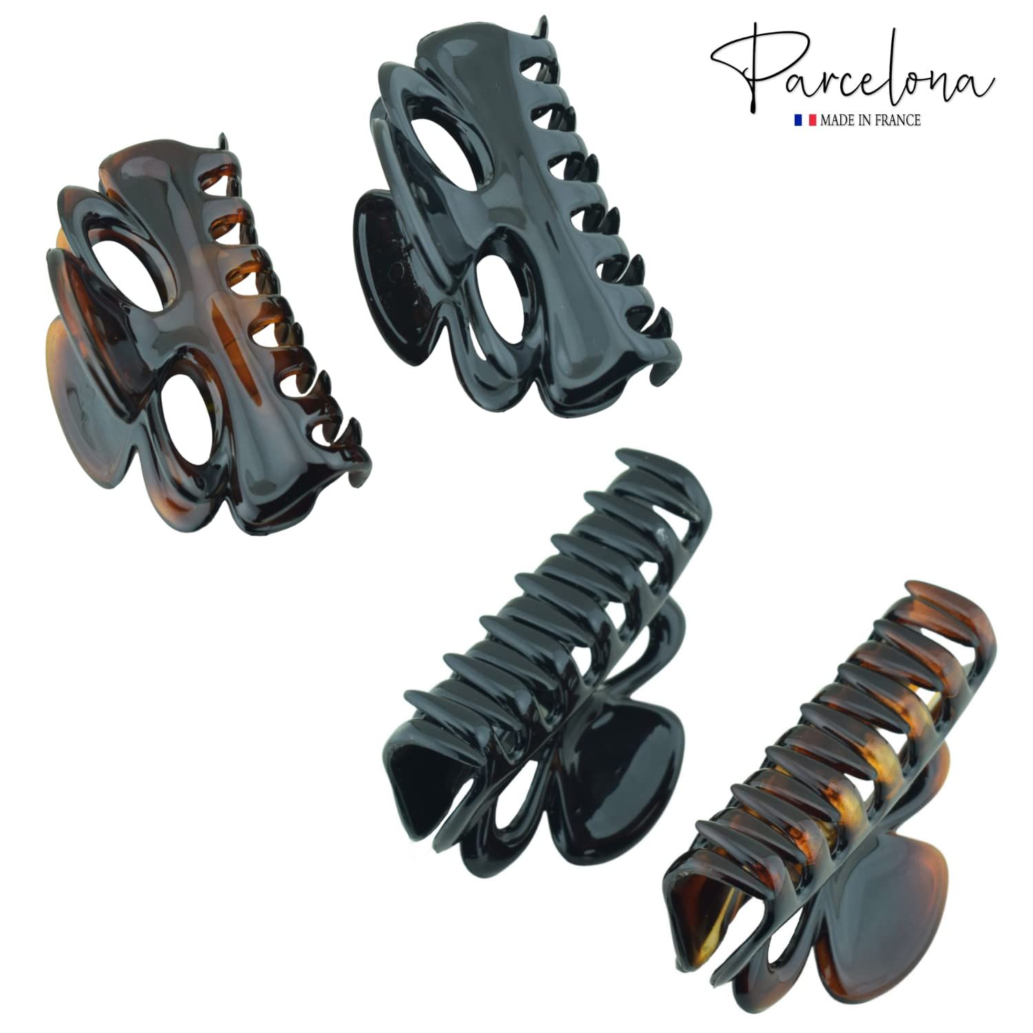 Parcelona French Chat Yeux 3 1/2" Shell and Black Celluloid Set of 2 Non Slip Hair Claw Clips for Women, Made in France