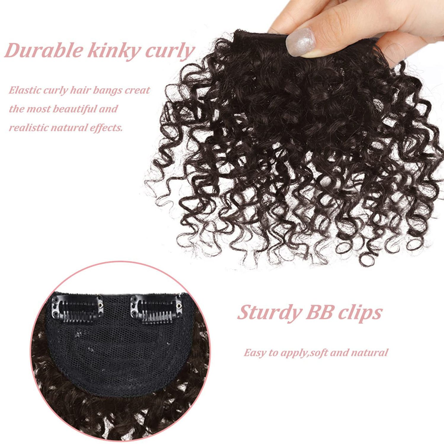 ICRAB Afro Kinly Curly Bangs Clip in Hair Extensions Natural Fake Fringe Bangs Short Curly Human Hair Bangs Clip on Hair Piece Jerry Curly Fringe Hair 4# Dark Brown Color