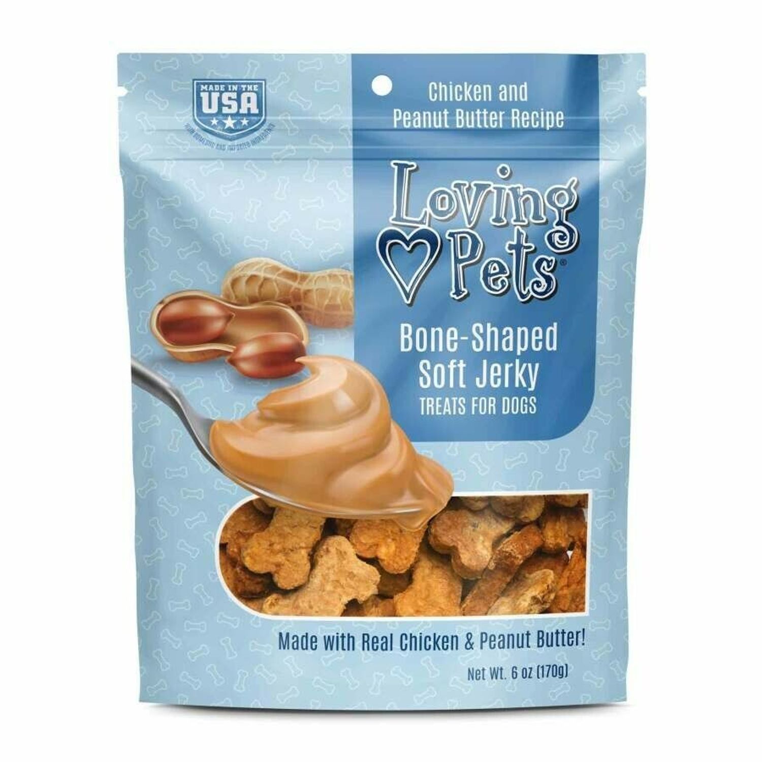 Loving Pets Bone-Shaped Soft Jerky Dog Treat, Chicken & Peanut Butter, 6 oz