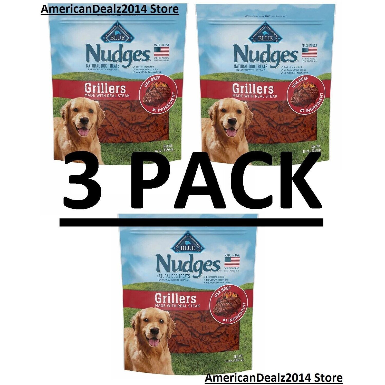 3 PACK - Nudges Wholesome Dog Treats, Steak Grillers 3 lbs (Total 9 lbs)