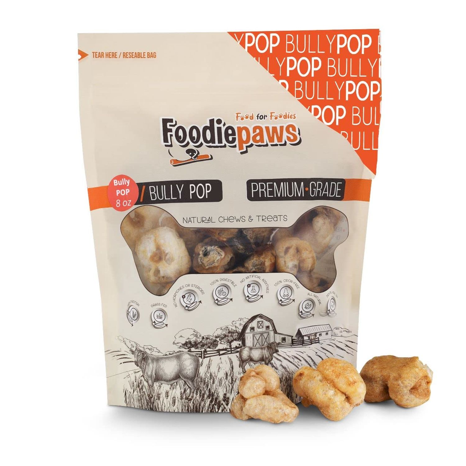 All Natural Bully Pop Dog Treats - Odor Free USA Packed for Small, Medium, Large Dogs, Puppy Training Snacks - Healthy 100% Free-Range Grass-Fed Beef - Single Ingredient - Grain and Rawhide Free (8oz)