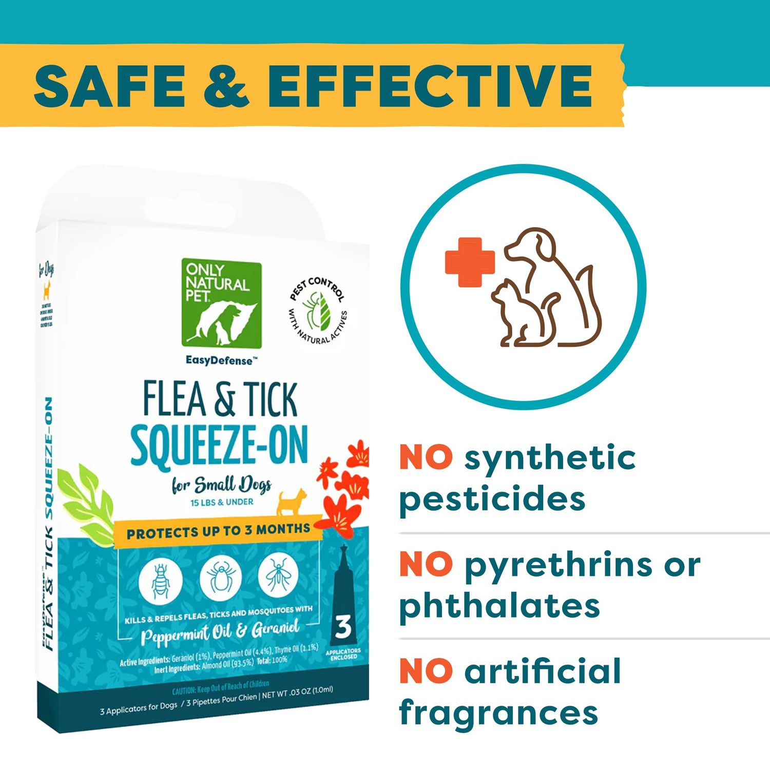 Only Natural Pet EasyDefense Flea & Tick Prevention for Small Breed Dogs (up to 15 lbs) - Natural Herbal Control, Squeeze-On Drops - Protects up to 3 Months (Single Applicator per Month Supply)