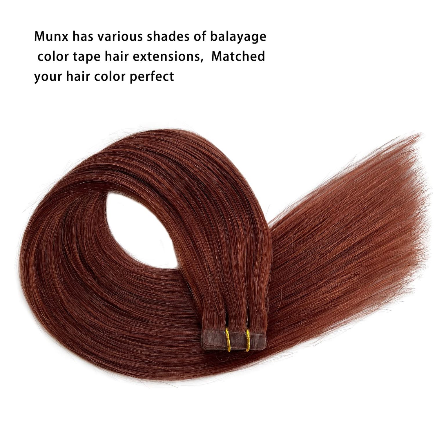 Munx Real Hair Extension Dark Auburn Tape in Human Hair Extension 18inch 20pcs 40g Tape in Remy Silky Straight Natural Hair Extensions