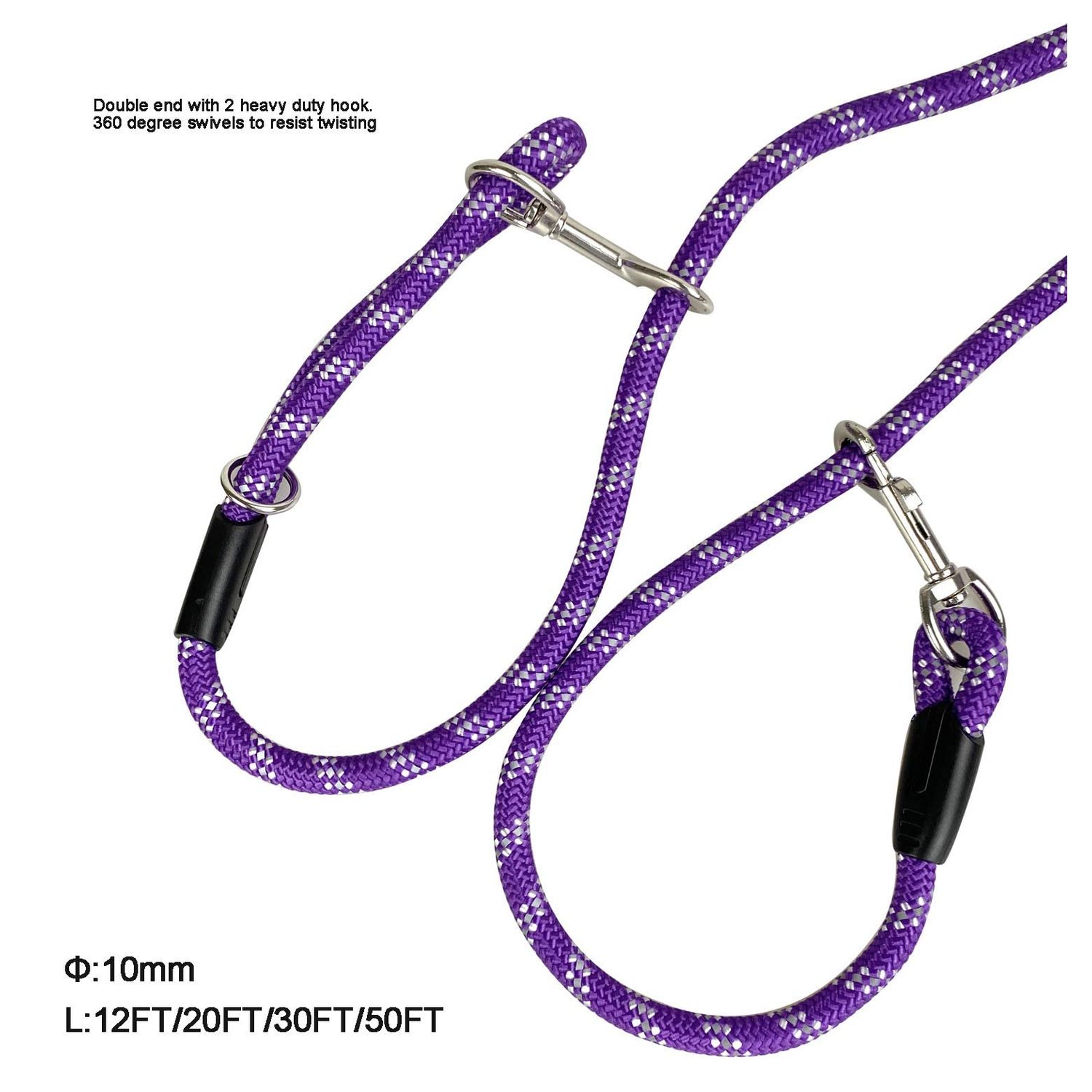 Codepets Long Rope Dog Leash for Dog Training 12FT 20FT 30FT 50FT, Reflective Threads Dog Leashes Tie-Out Check Cord Recall Training Agility Lead for Large Medium Small Dogs Purple