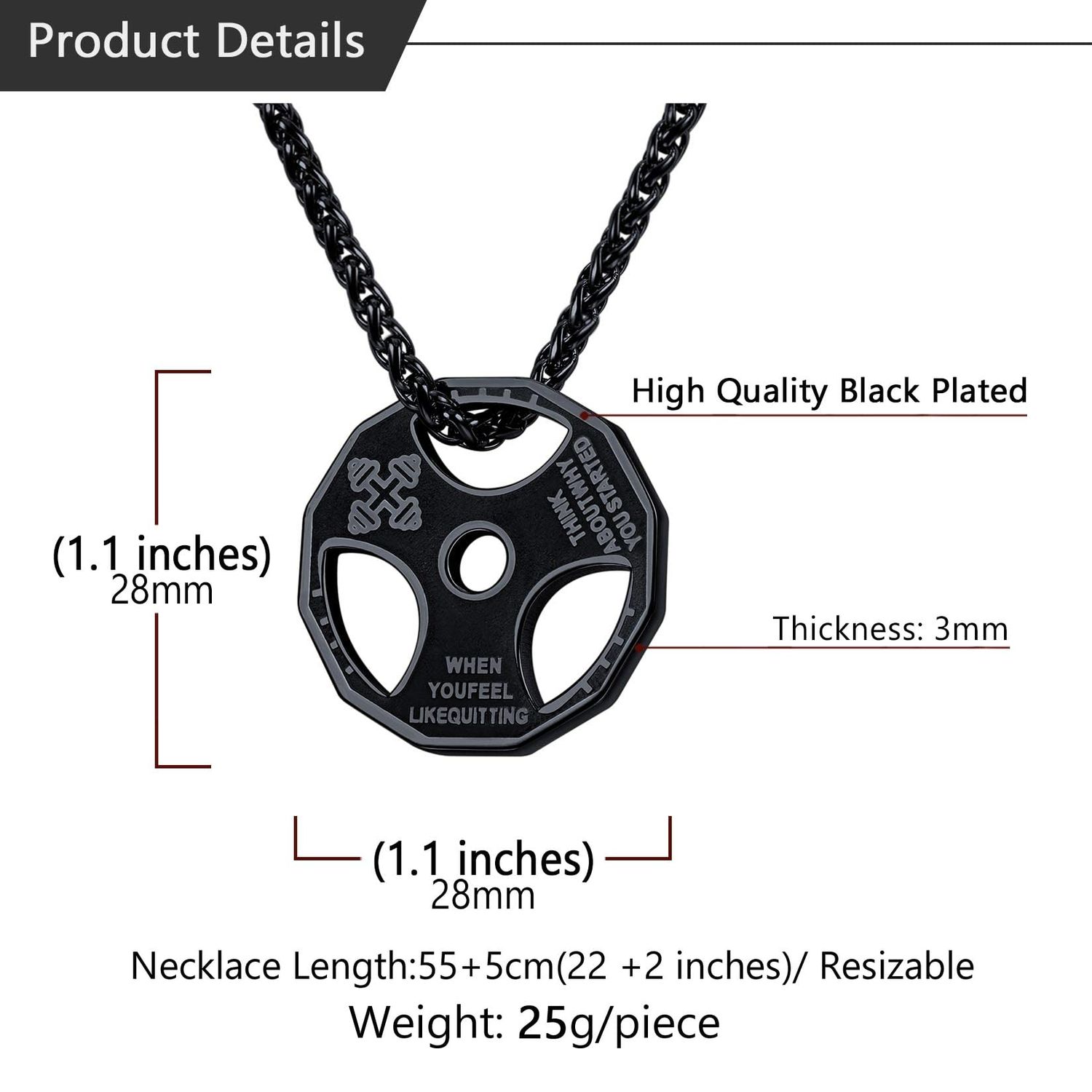 U7 Men Fitness Dumbbell Necklace Stainless Steel Black Gun Plated Weight Plate Barbell Chain Pendant Necklace