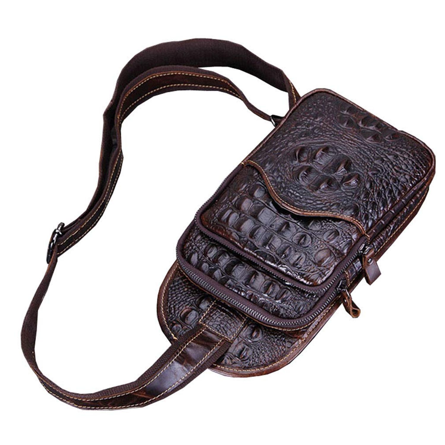 Hebetag Crocodile Genuine Leather Sling Crossbody Bag for Men Travel Outdoor Hunting Hiking Camping Shoulder Chest Pack Backpack Daypack Coffee