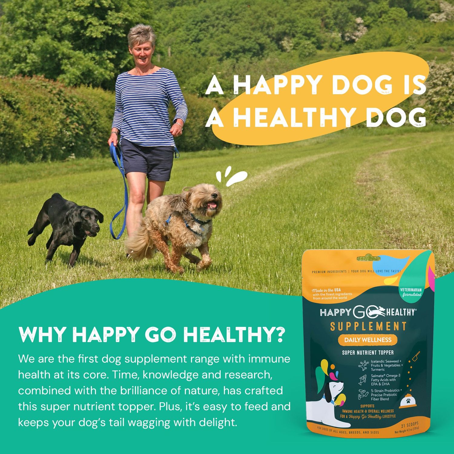 Happy Go Healthy Daily Wellness Supplements for Dogs | Boosts Immune System Support and Digestive Gut Health for Dogs and Puppies | All Natural Ingredients Tasty Kibble Dog Food Topper | 21 Count Pack