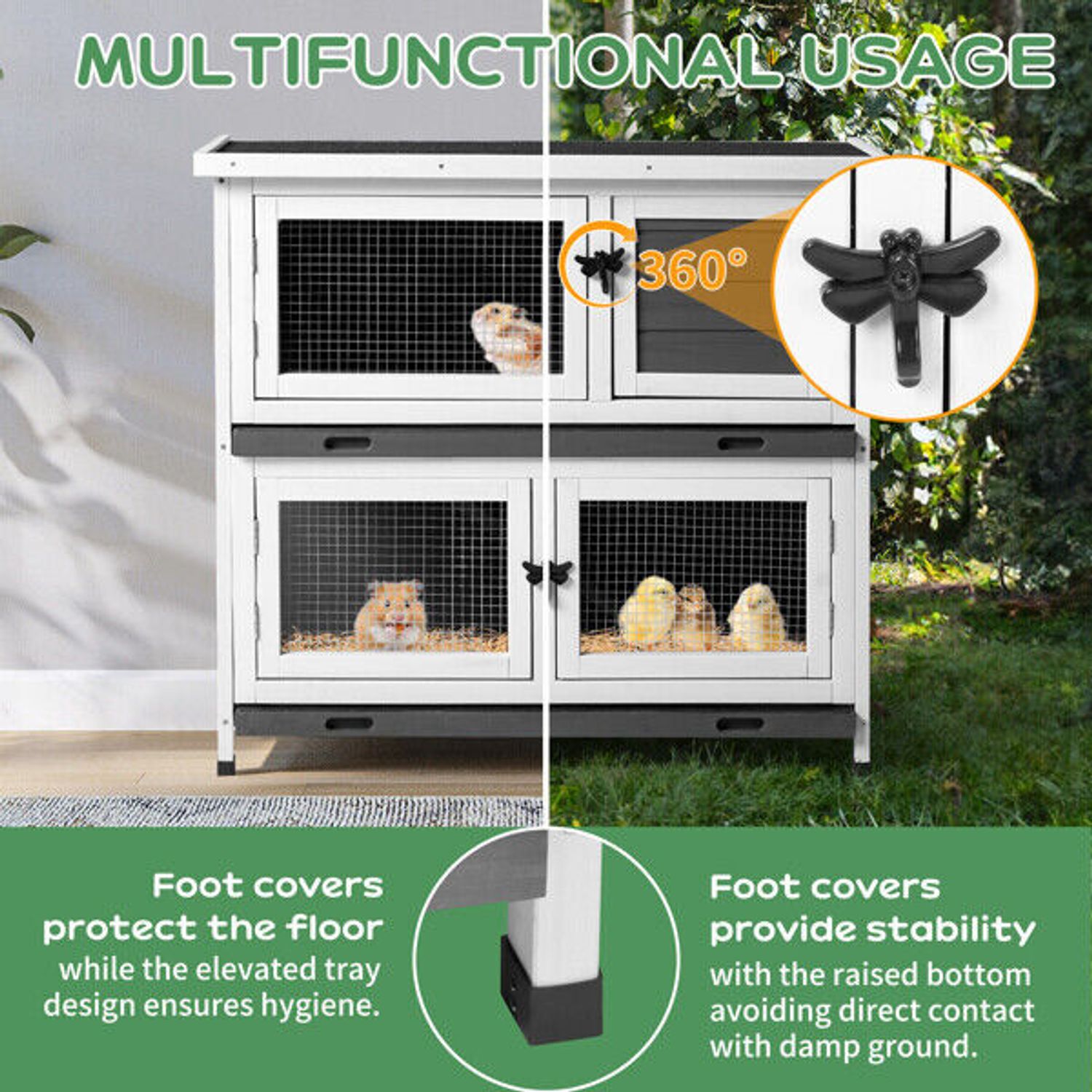 Indoor Outdoor 2 Story Solid Wood Rabbit Hutch Guinea Pig Cage Pet House Grey