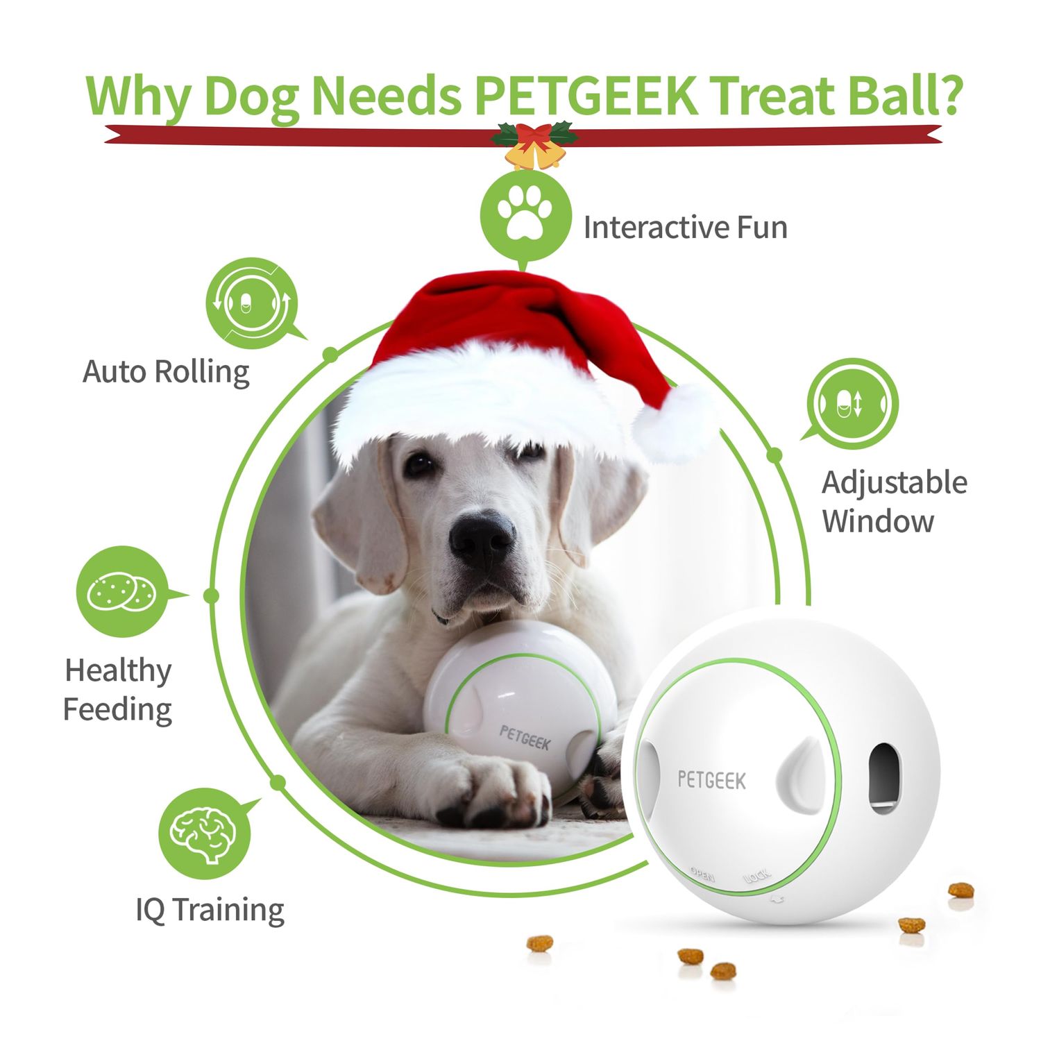 PETGEEK Automatic Treat Dispensing Dog Toys, Interactive Chase Dog Toys, Adjustable Dog Treat Puzzle Ball, Dog Enrichment Toys for Small and Medium Dogs