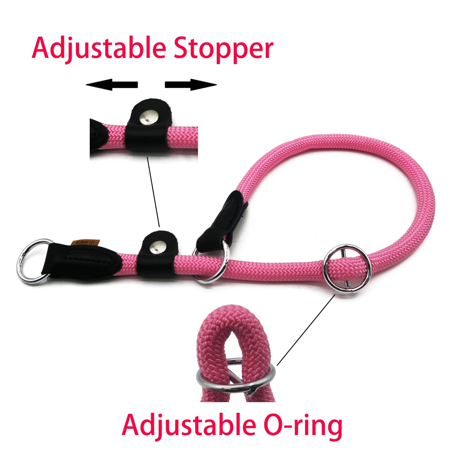 Aiminto Braided Round Martingale Dog Collar, Training Collar with Slidable Stop Ring and Adjustable Stopper - Ideal for Small Dogs (S(1/4") - 14" Long, Pink)
