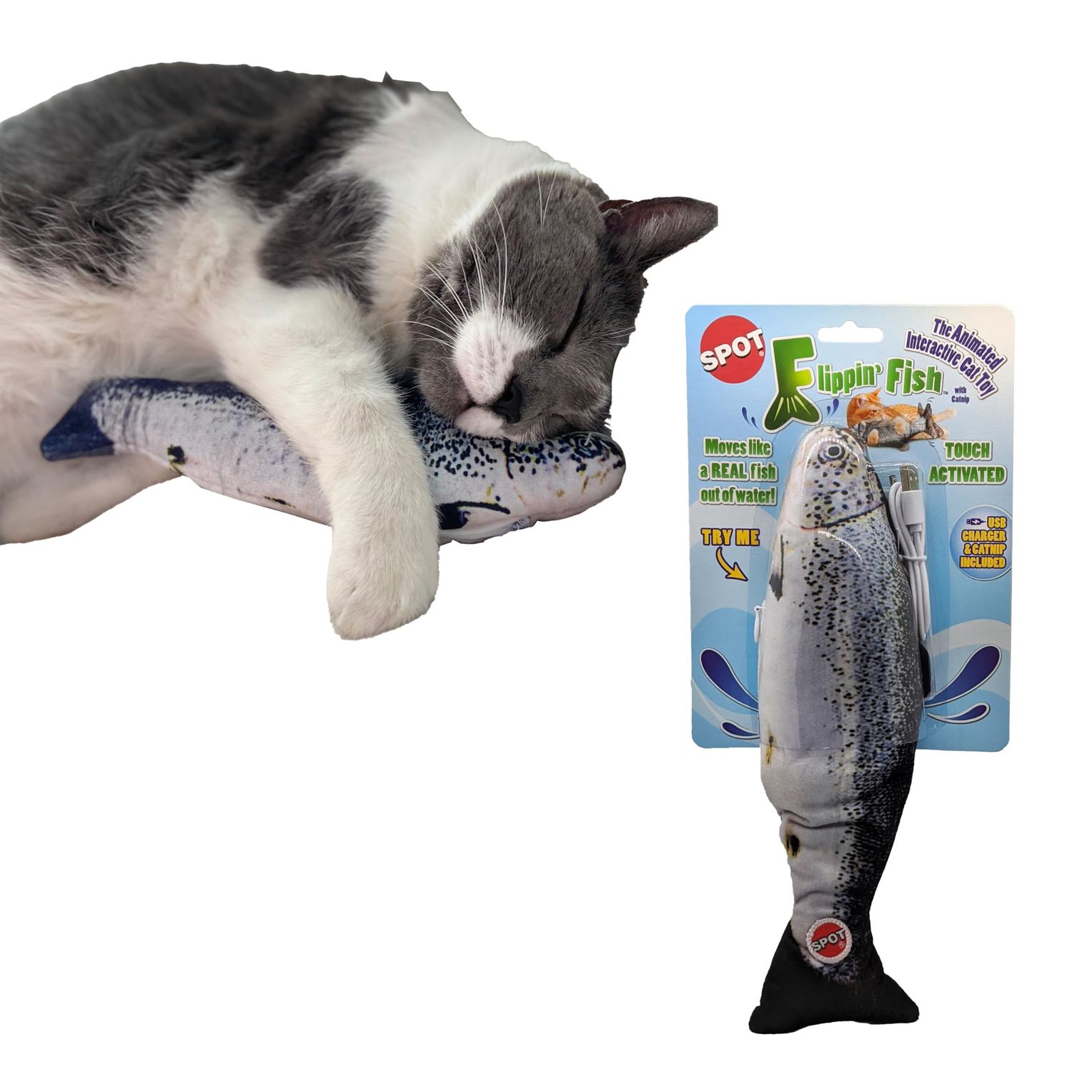 SPOT Flippin' Fish Interactive Cat Toy with Catnip for Indoor Cats & Kittens - Touch Activated, Flipping Tail, Rechargeable with USB, Hours of Fun - 11.5 inch